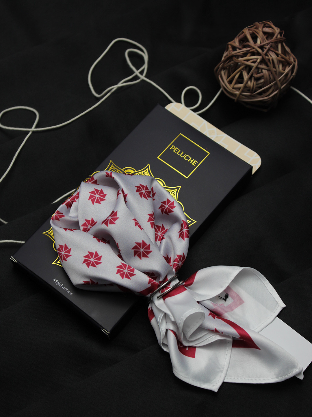 PELUCHE Men White & Red Geometric Print Silk Pocket Square