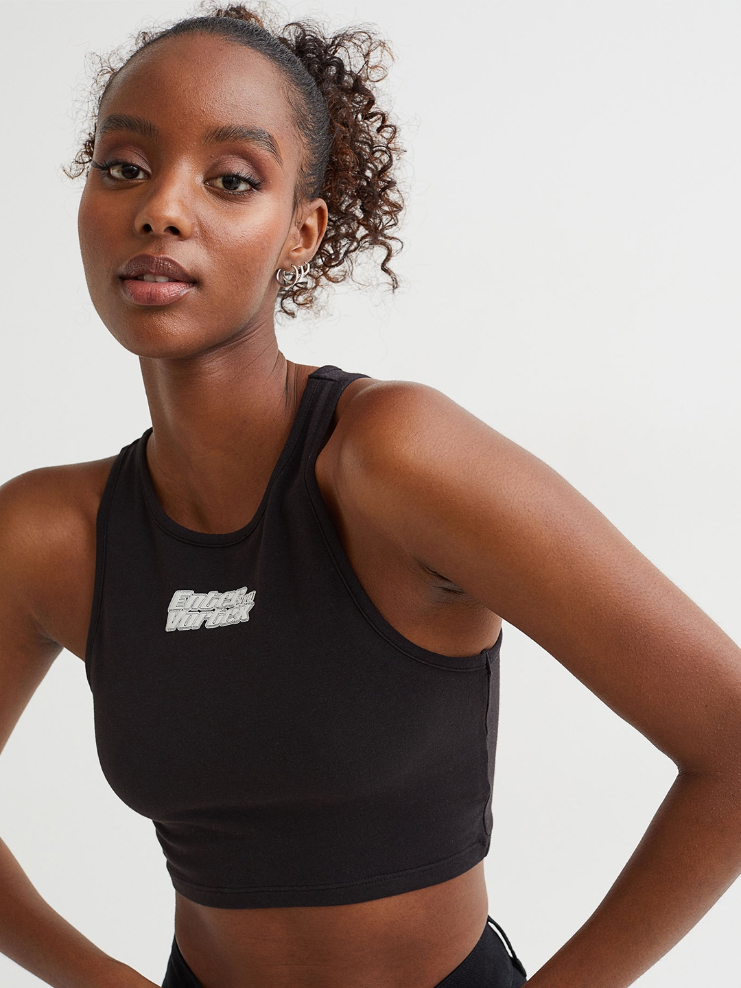 H M Women Black Printed Sleeveless Cropped Top