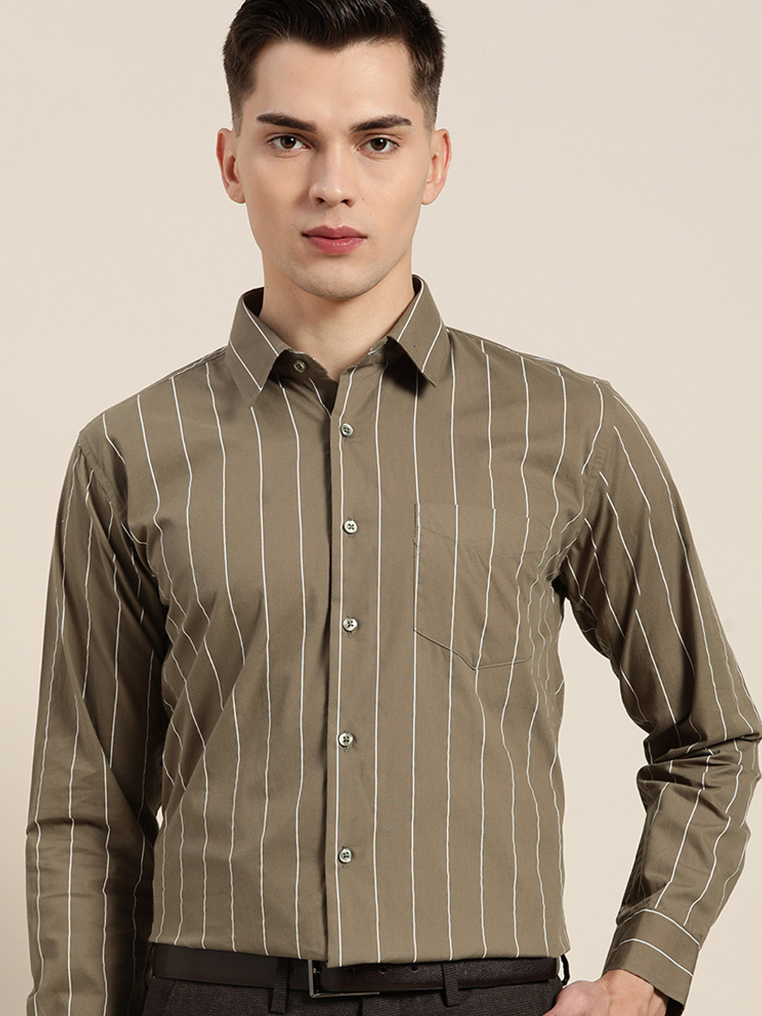 Hancock Men Olive Green Slim Fit Striped Formal Shirt