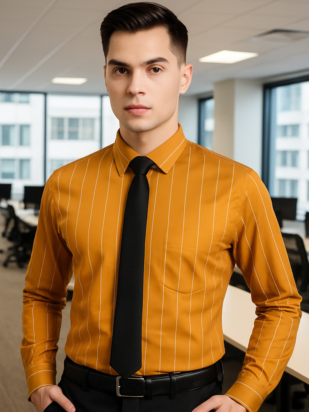 Hancock Men Mustard Yellow Slim Fit Striped Formal Shirt