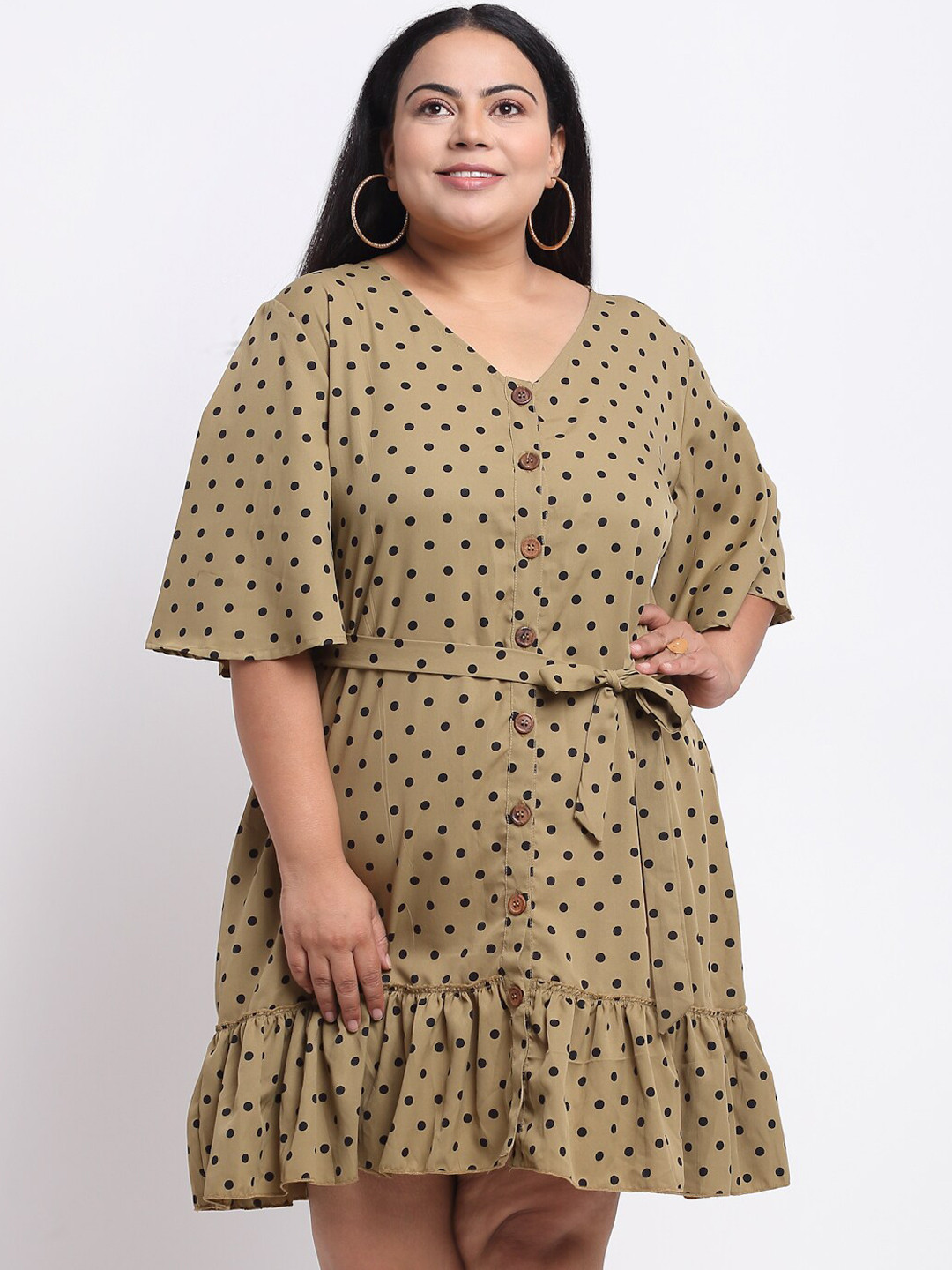 sindrellastorie Khaki Floral Crepe A-Line Dress