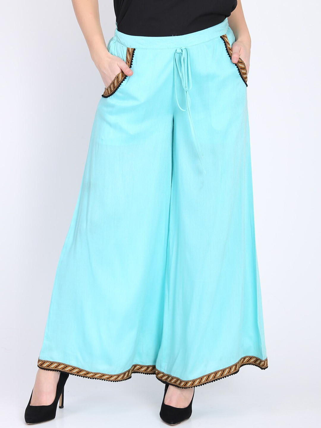 DODO & MOA Women Turquoise Blue Pleated Parallel Trousers