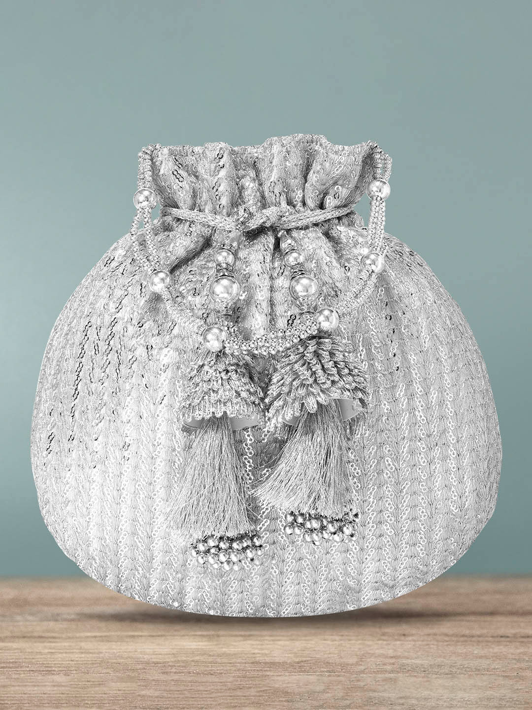 Peora Silver-Toned Embellished Potli Clutch