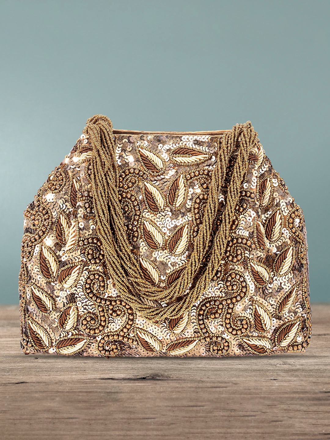 Peora Brown & Gold-Toned Embellished Purse Clutch