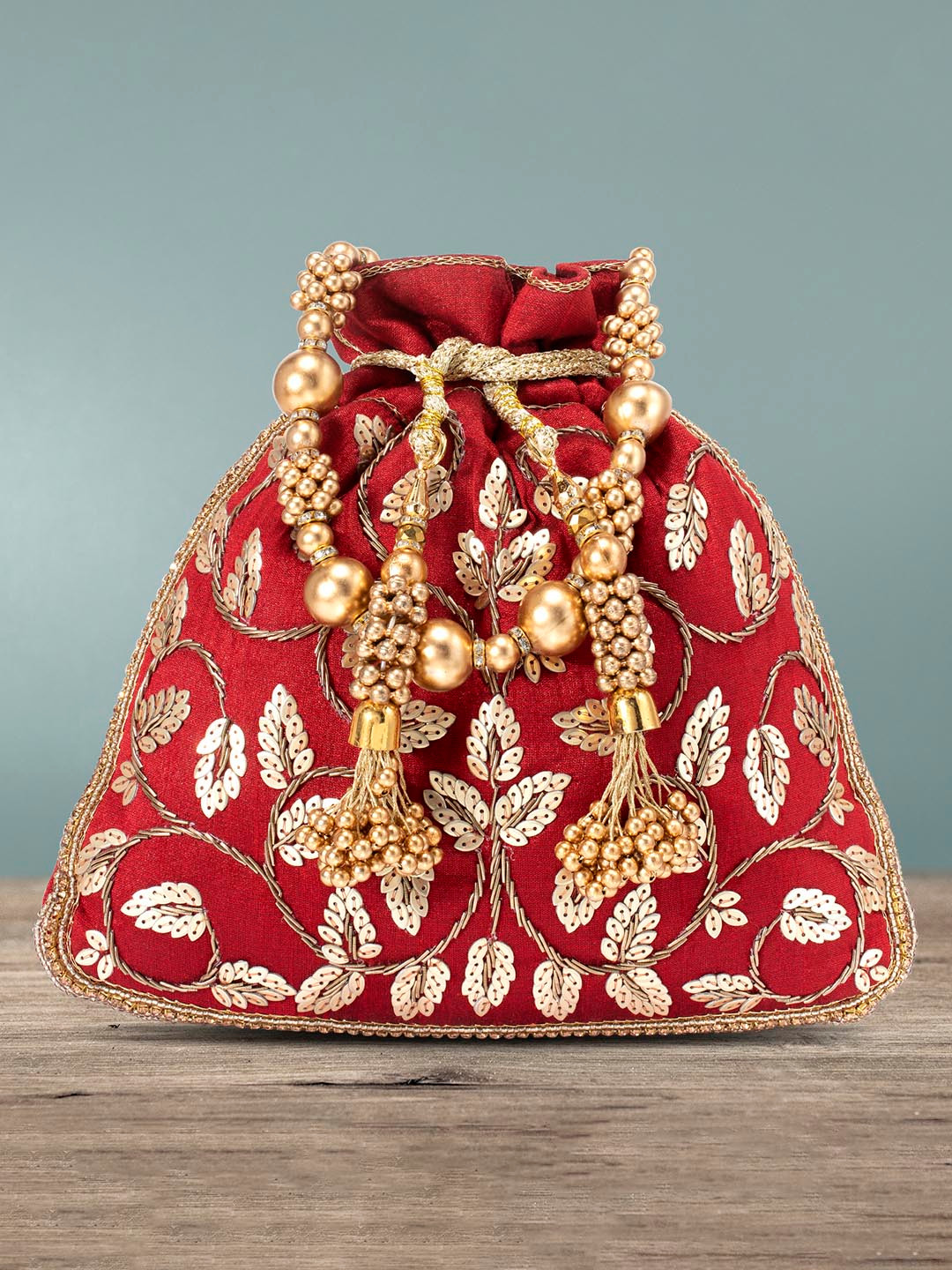 Peora Maroon & Gold-Toned Embroidered Potli Clutch