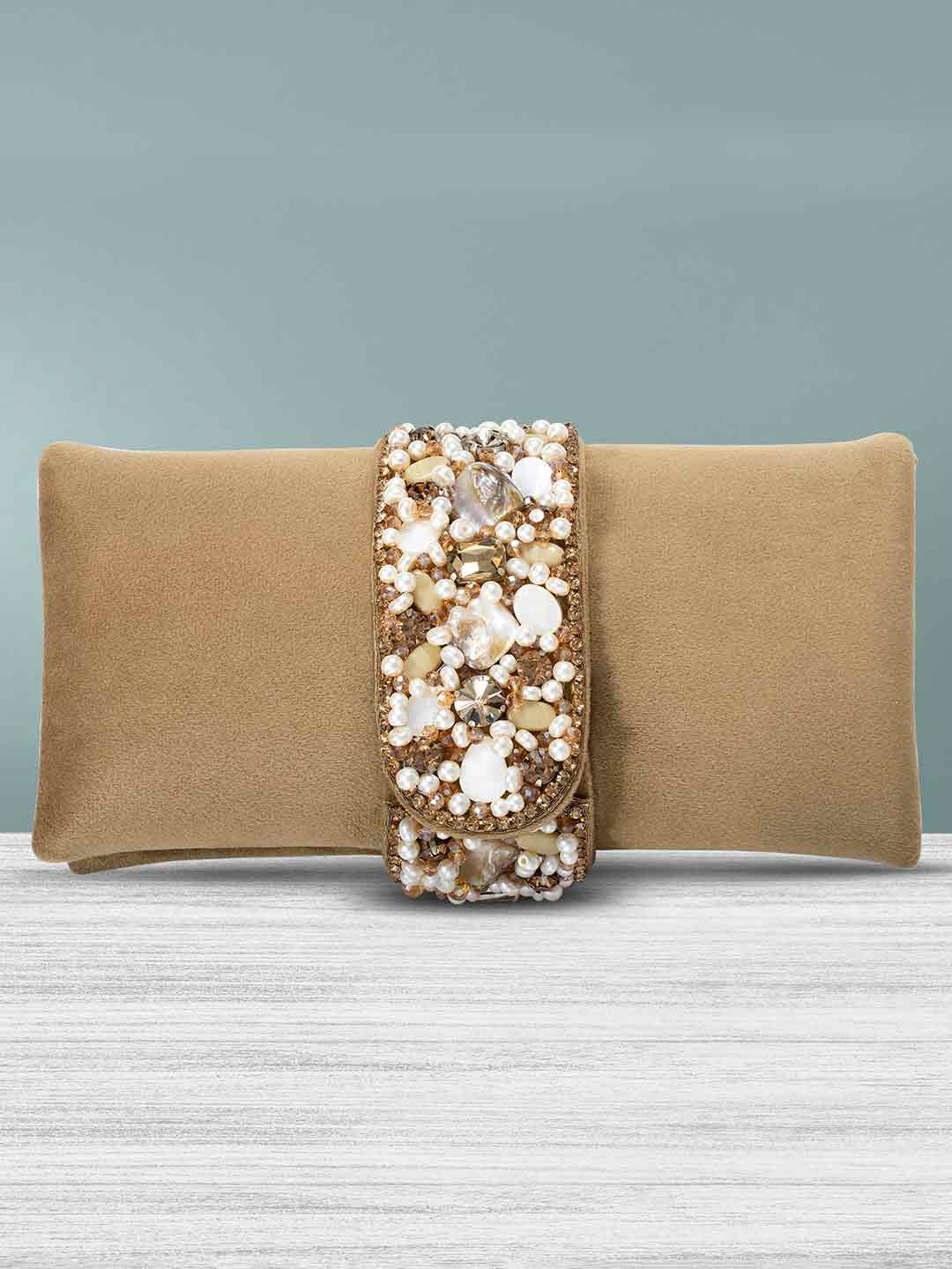 Peora Brown Embellished Foldover Clutch