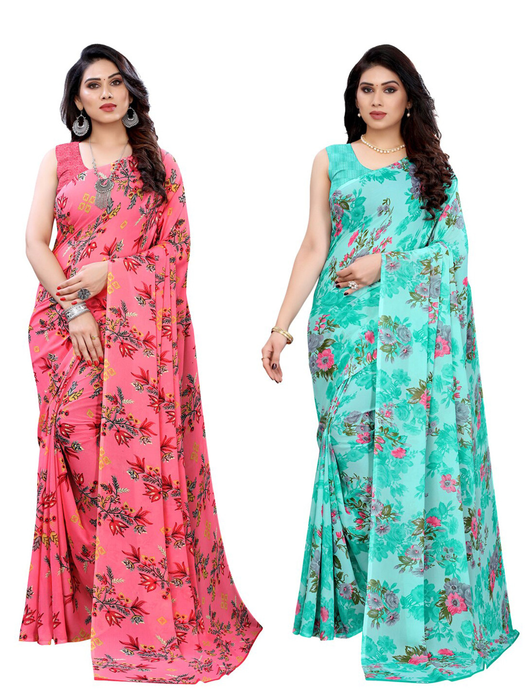 KALINI Pack of 2 Pink & Blue Floral Sarees