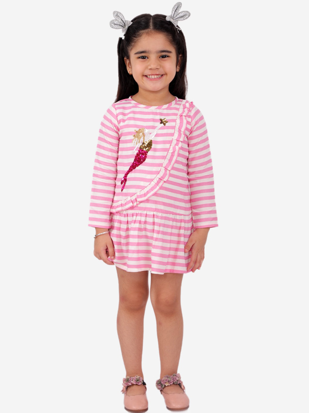 Fairies Forever Girls Pink & White Striped A-Line Dress with Sequins