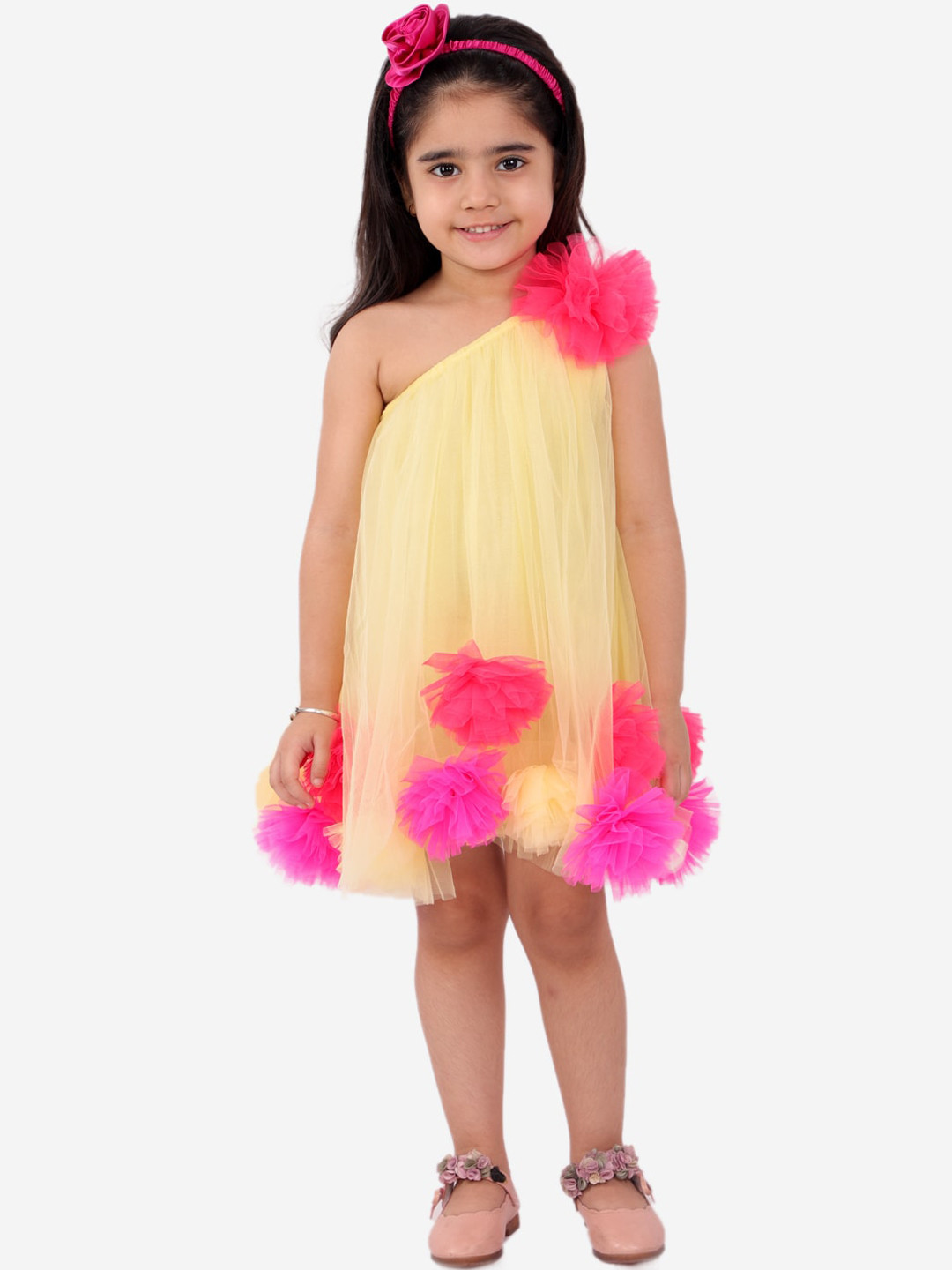 Fairies Forever Girls Yellow One Shoulder Applique Net A-Line Dress with Pom Poms