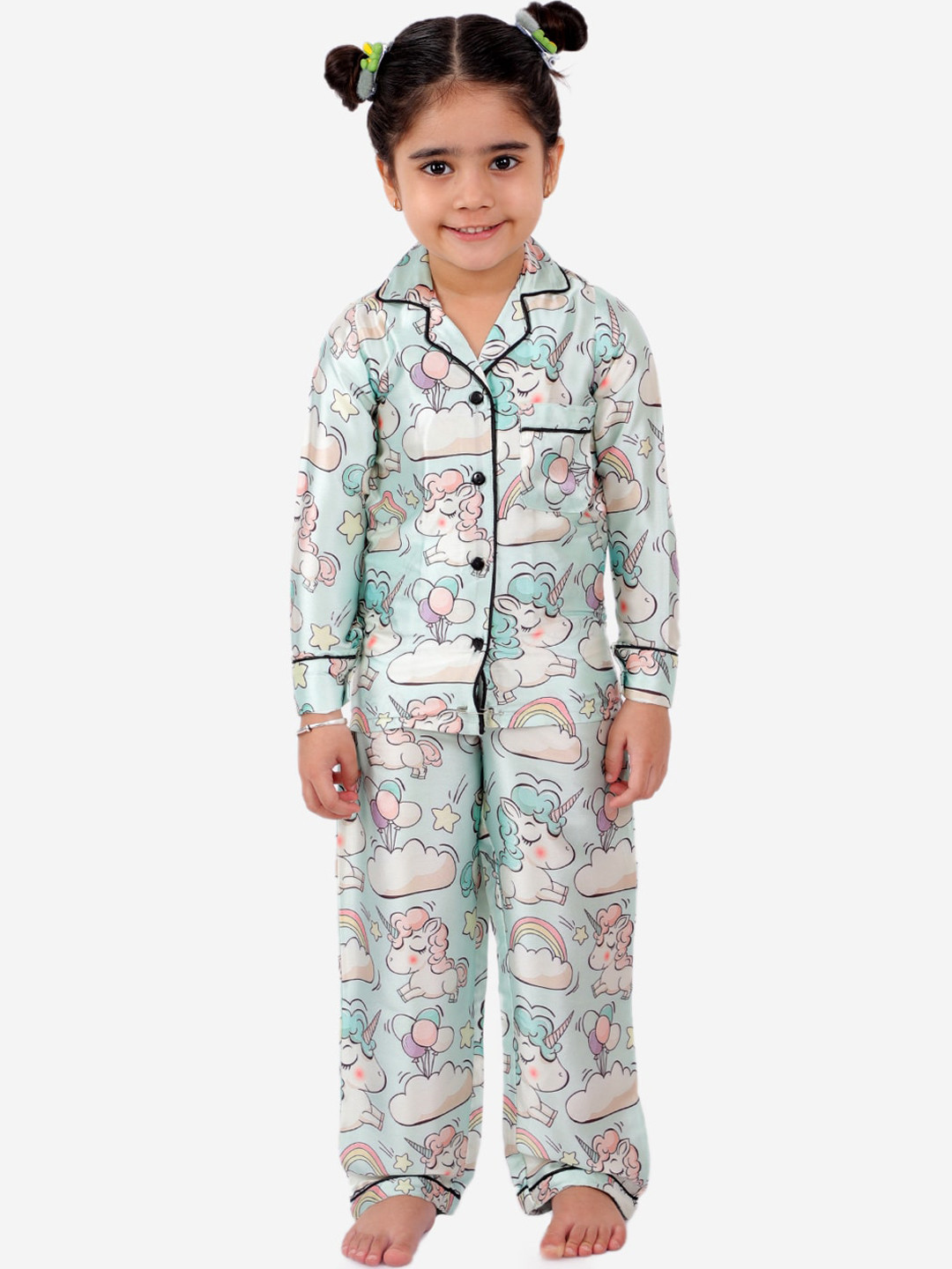 Fairies Forever Girls Green & Black Unicorn Print Satin  Night suit