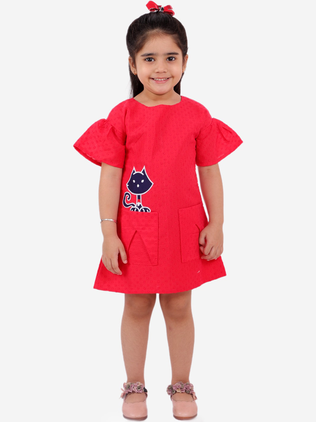 Fairies Forever Girls Red Self Design A-Line Dress with Applique Detail