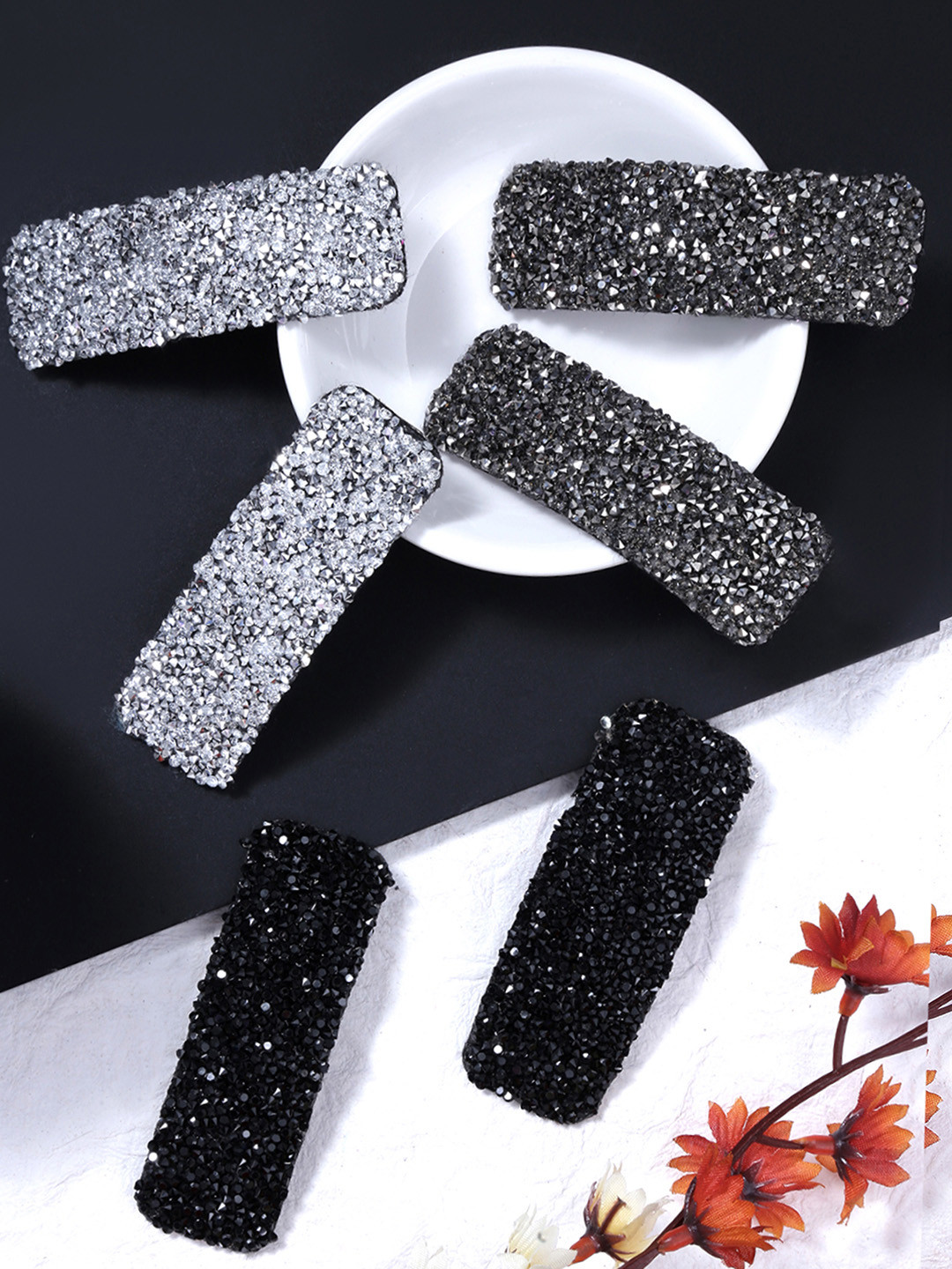 Yellow Chimes Women Black & Grey Set of 6 Embellished Tic Tac Hair Clip