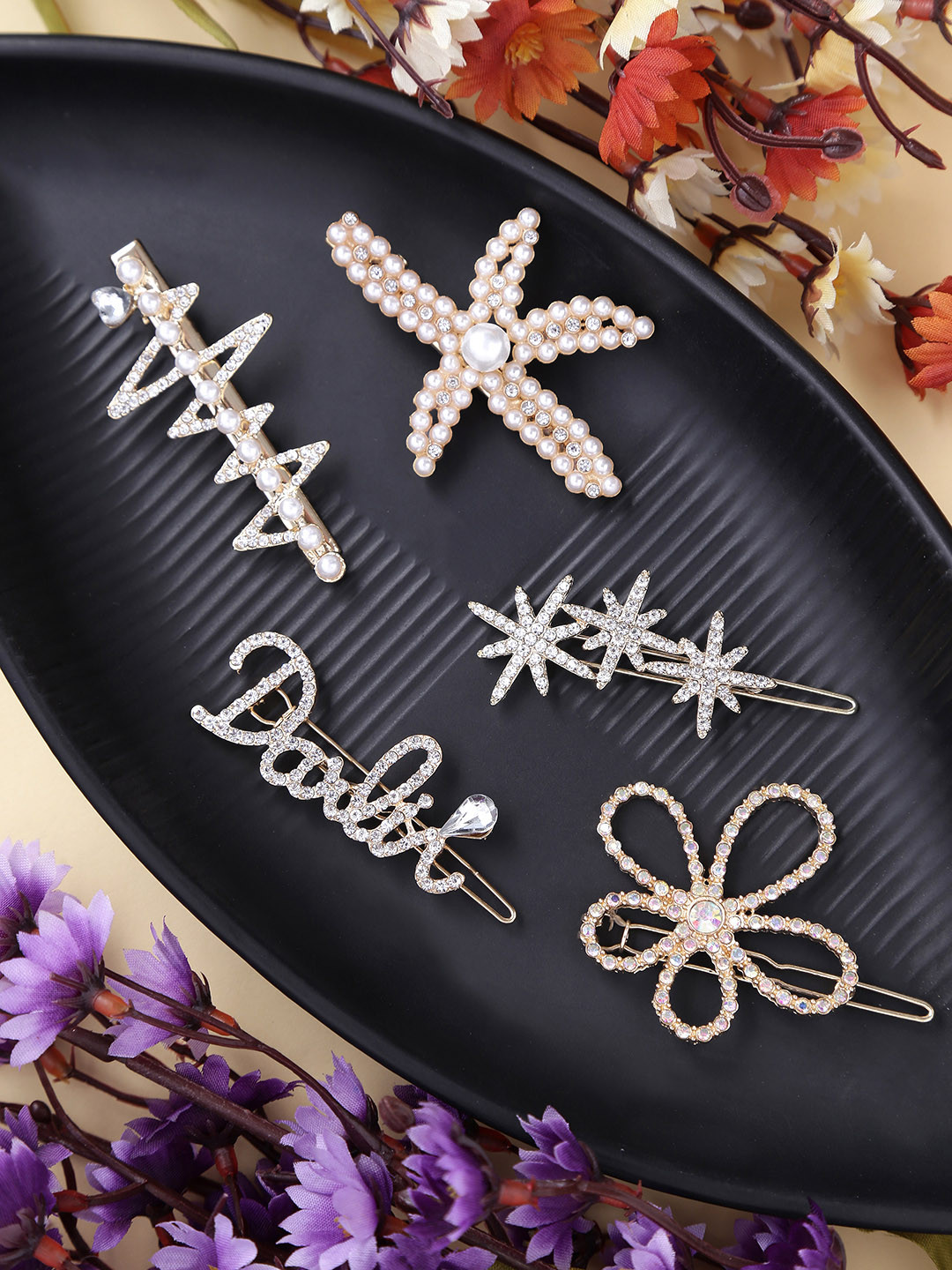 Yellow Chimes Women Gold-Toned & White Set of 5 Embellished Hair Accessory Set