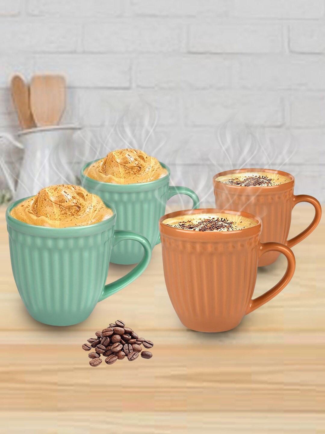 URBAN CHEF Beige Textured Ceramic Handmade 4 Piece Mugs-350ml