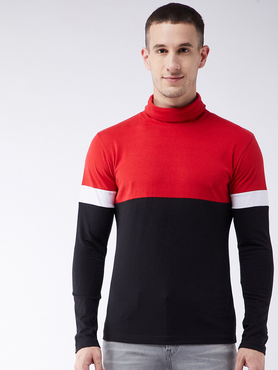 GRITSTONES Men Red Colourblocked High Neck Pockets Outdoor T-shirt