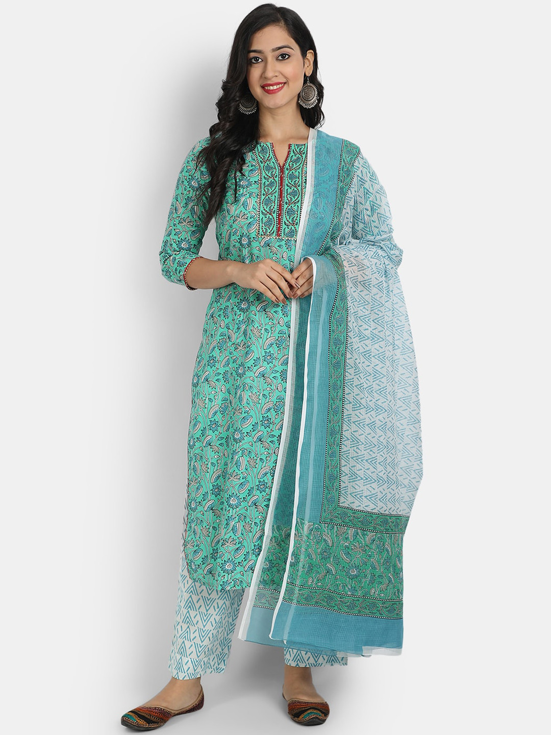 SUTI Women Green Ethnic Motifs Printed Pure Cotton Kurta with Trousers & With Dupatta