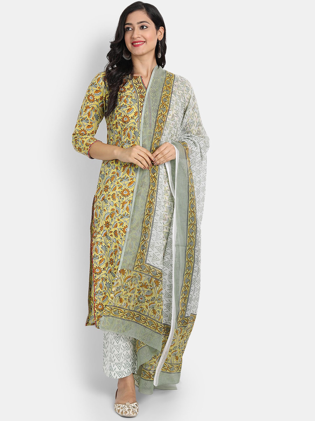 SUTI Women Gold-Toned Ethnic Motifs Printed Pure Cotton Kurta with Trousers & With Dupatta