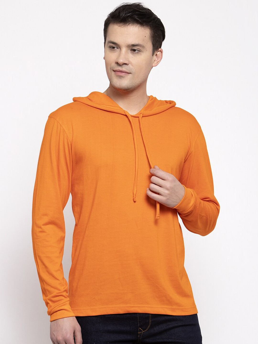 Friskers Men Orange Solid Cotton Hooded T-shirt