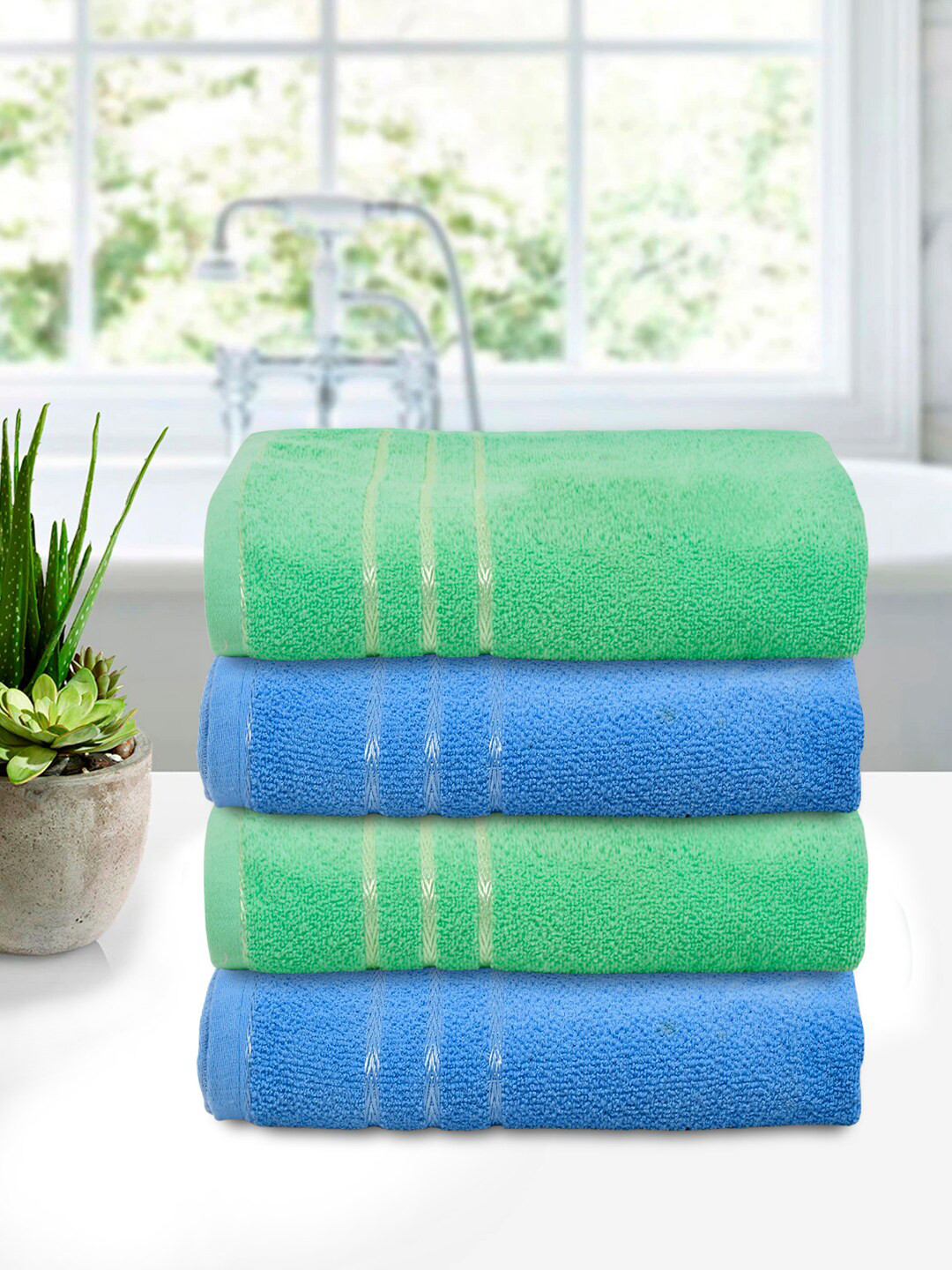 Kuber Industries Set of 4 Green & Black Cotton Bath Towels