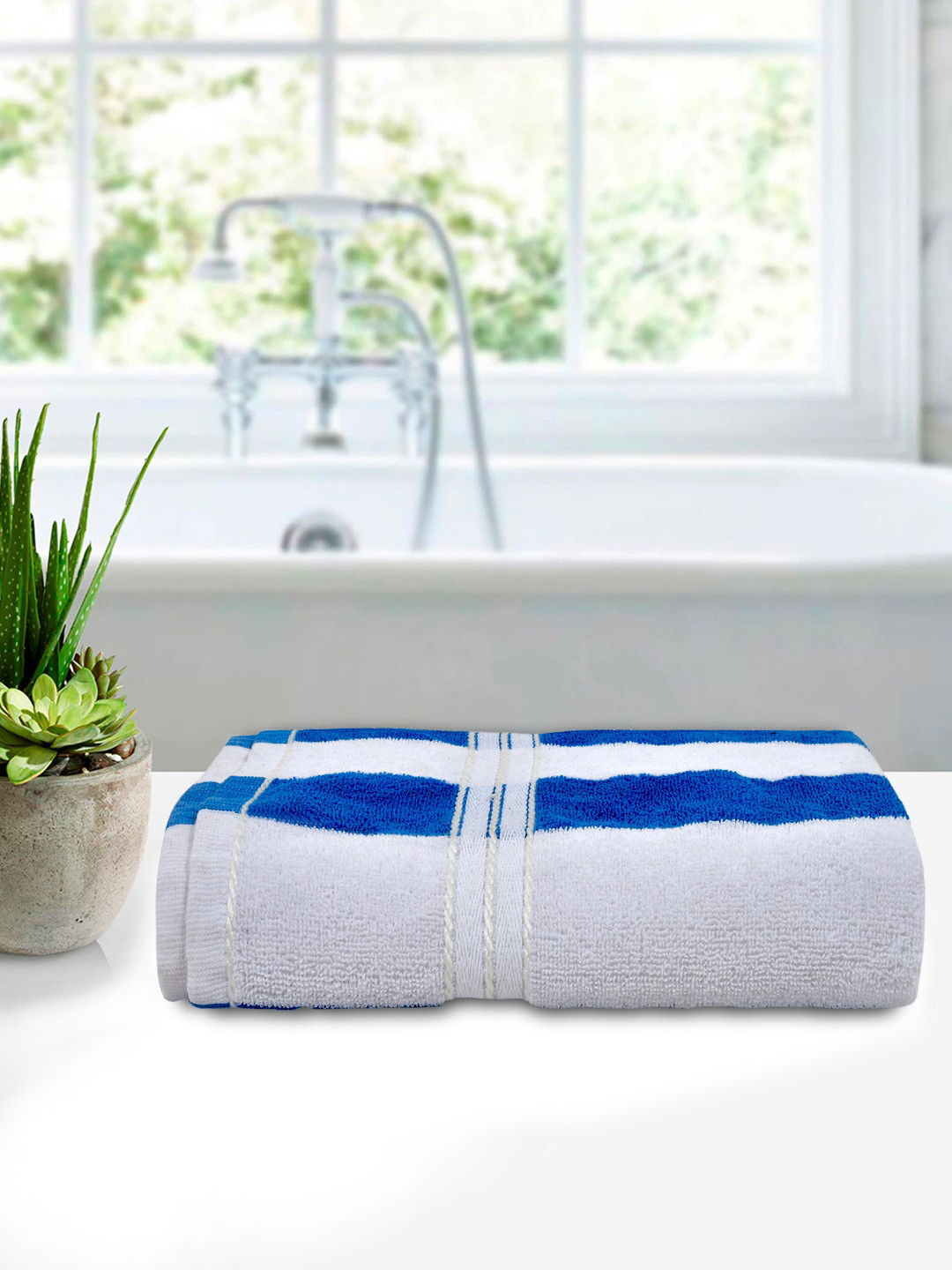 Kuber Industries White & Blue Striped 400 GSM Cotton Bath Towel
