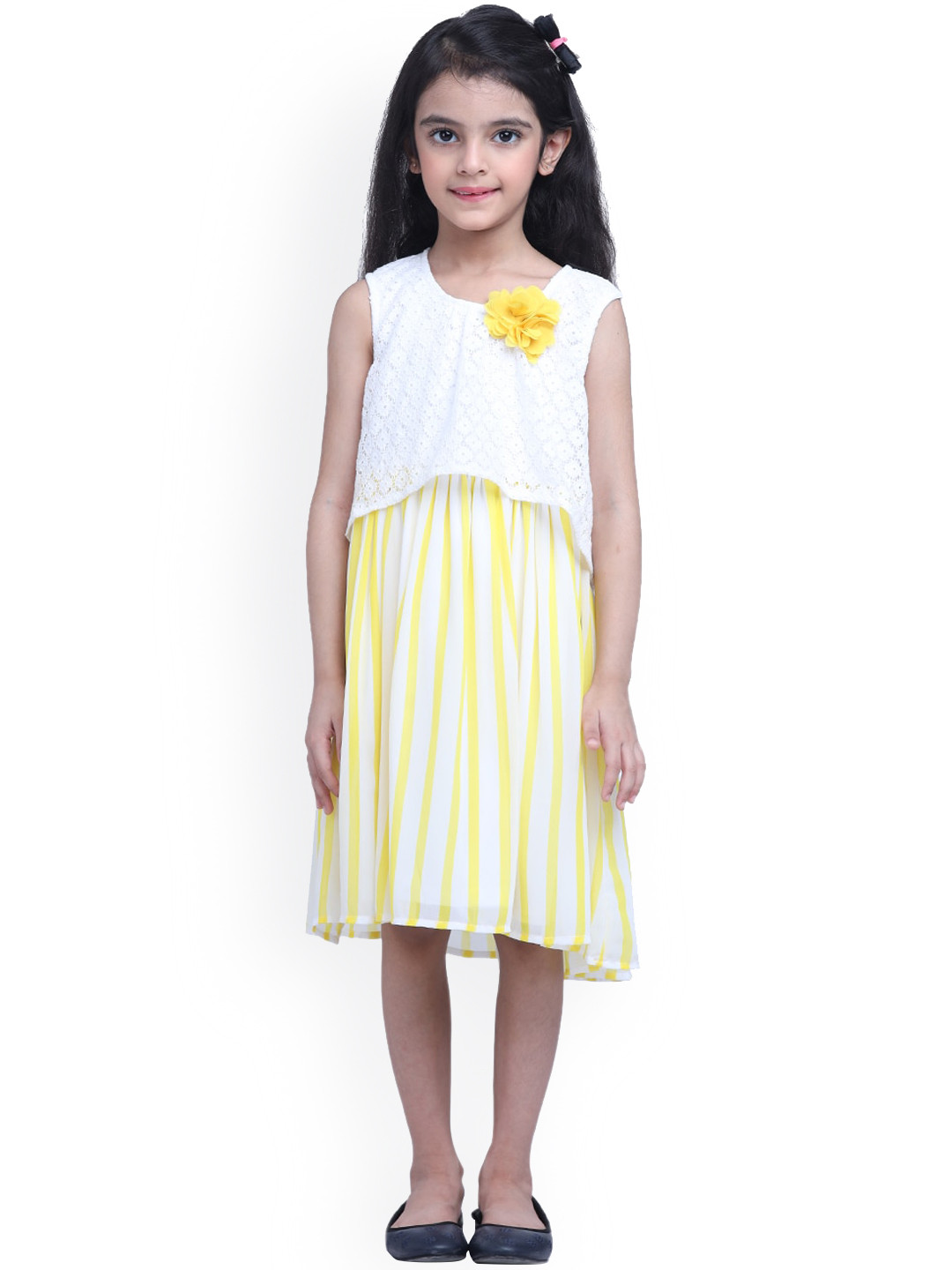 Creative Kids Girls Yellow & White Striped A-Line Dress