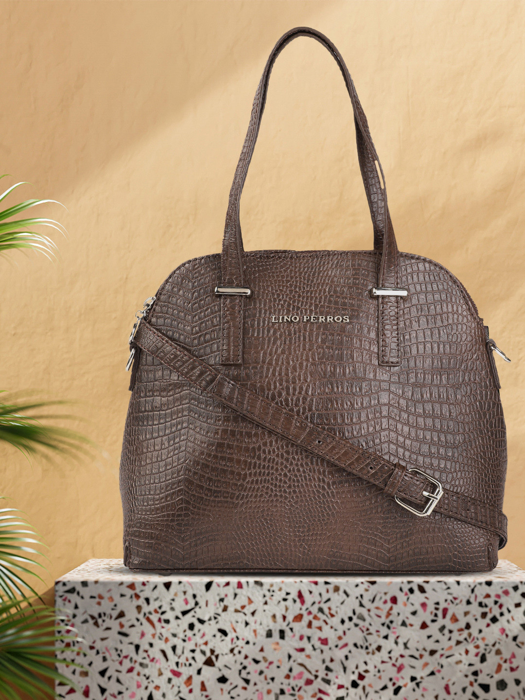 Lino Perros Women Coffee Brown Croc Textured Structured Handheld Bag