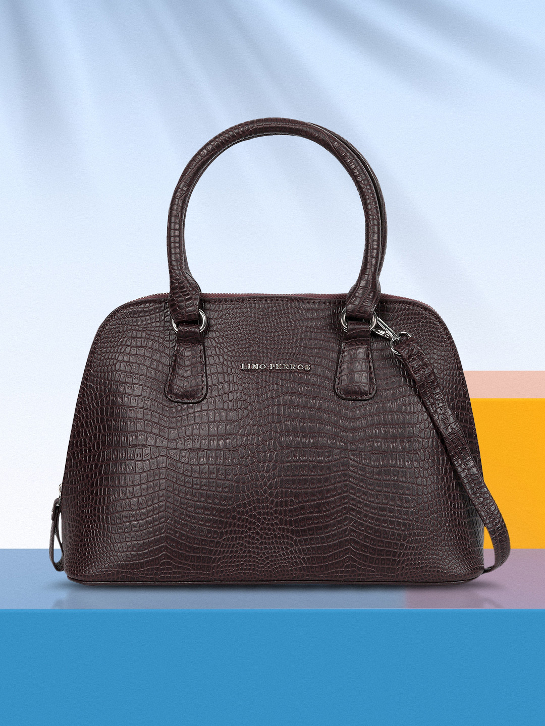 Lino Perros Coffee Brown Snakeskin Textured Structured Handheld Bag