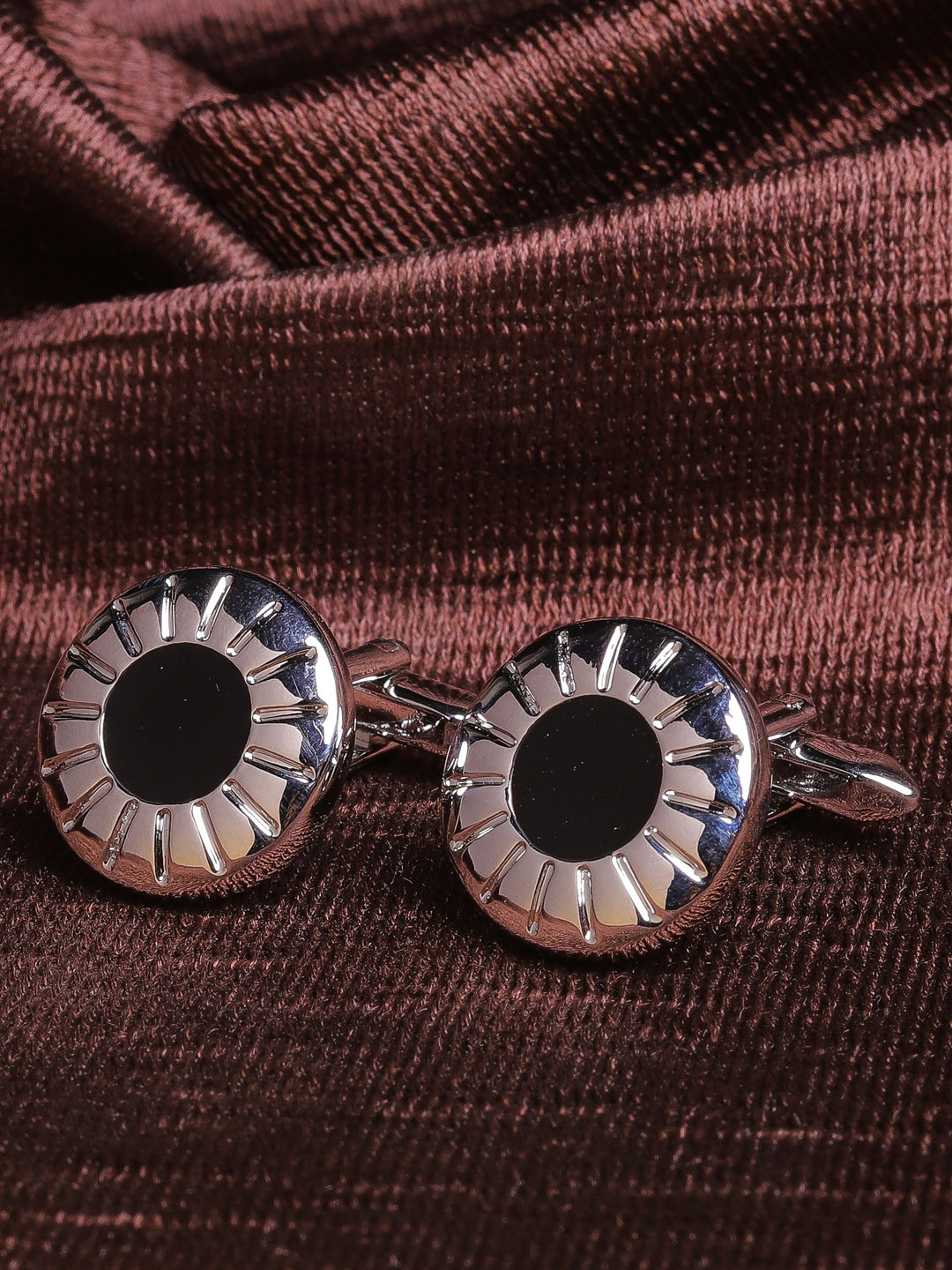JEWEL JUNCTION Silver-Toned & Black Circular Cufflink