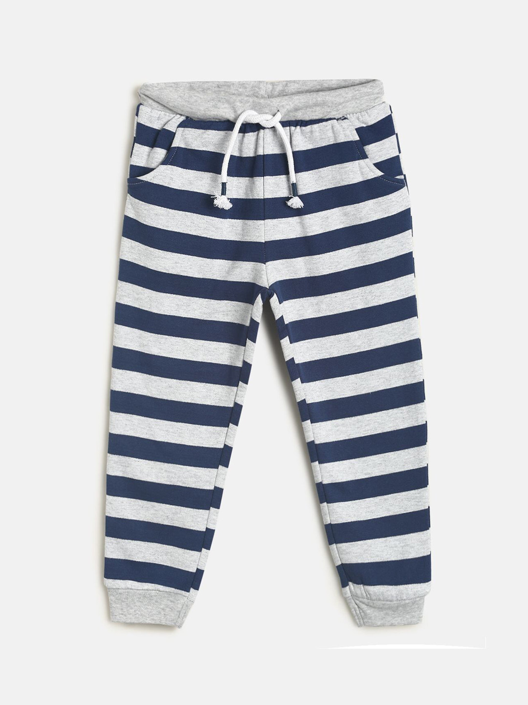 MINI KLUB Boys Navy Blue & Grey Striped Pure Cotton Joggers