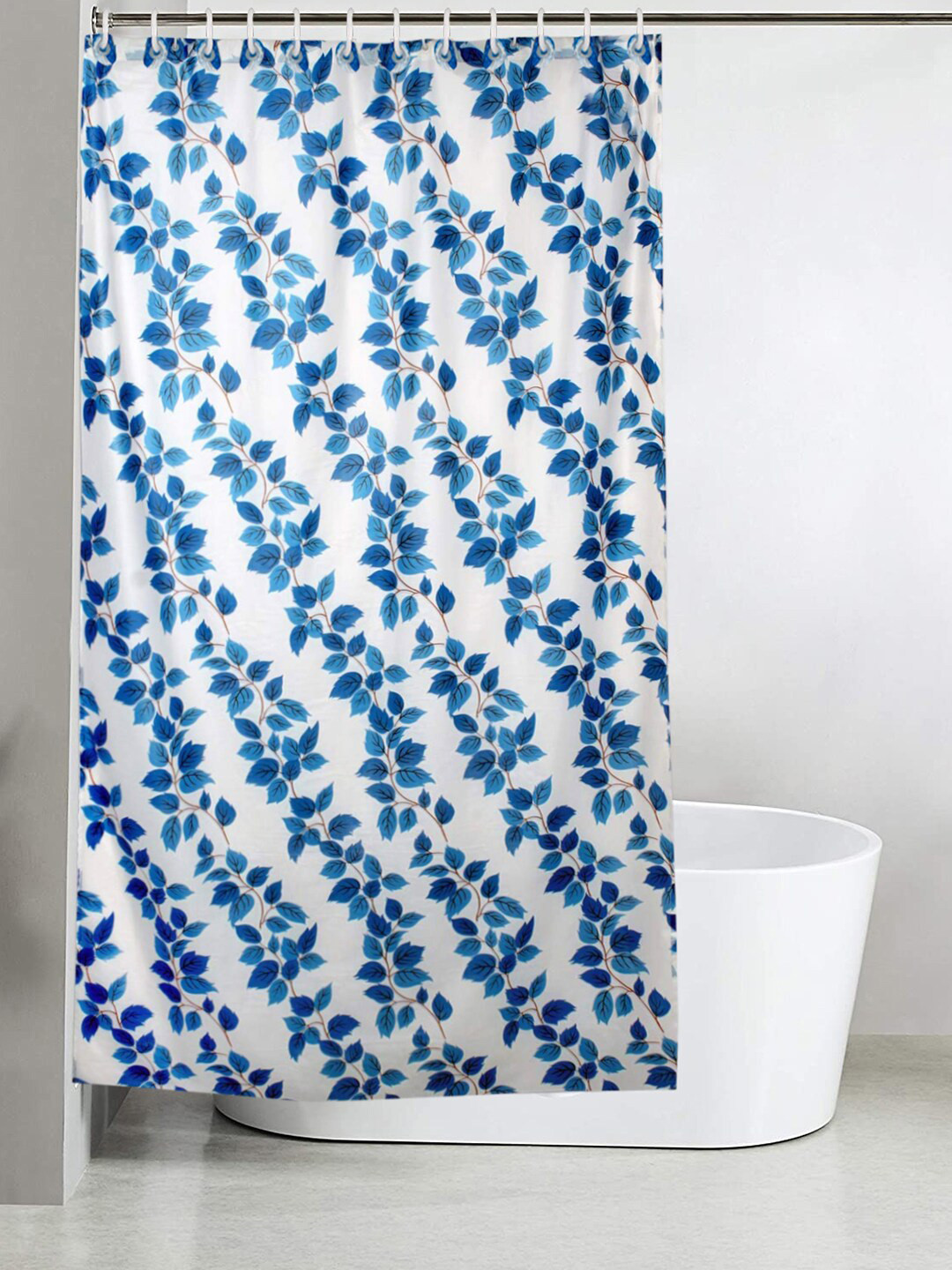 Kuber Industries Blue & White Leaf Printed Waterproof PVC Shower Curtain With Hooks