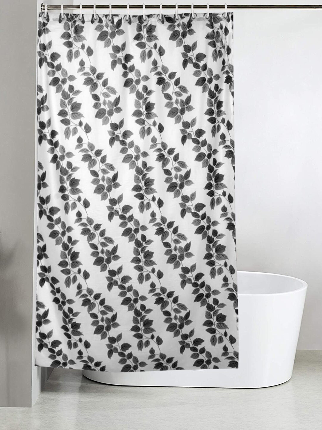Kuber Industries Grey & White Leaf Printed Waterproof Shower Curtain