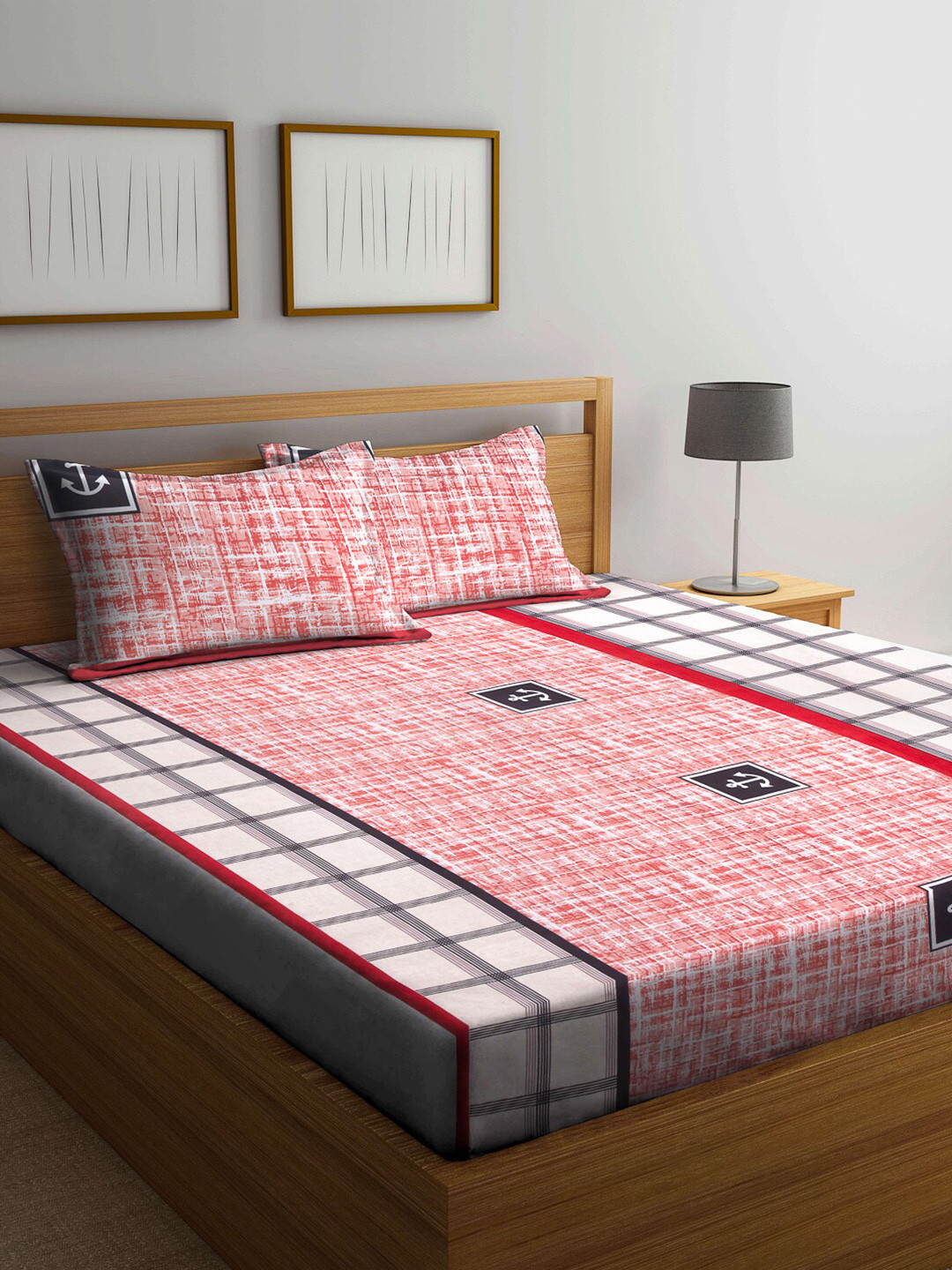 Arrabi Pink Checked Polycotton 300 TC King Fine Bedsheet with 2 Pillow Covers-98 x 89 inches