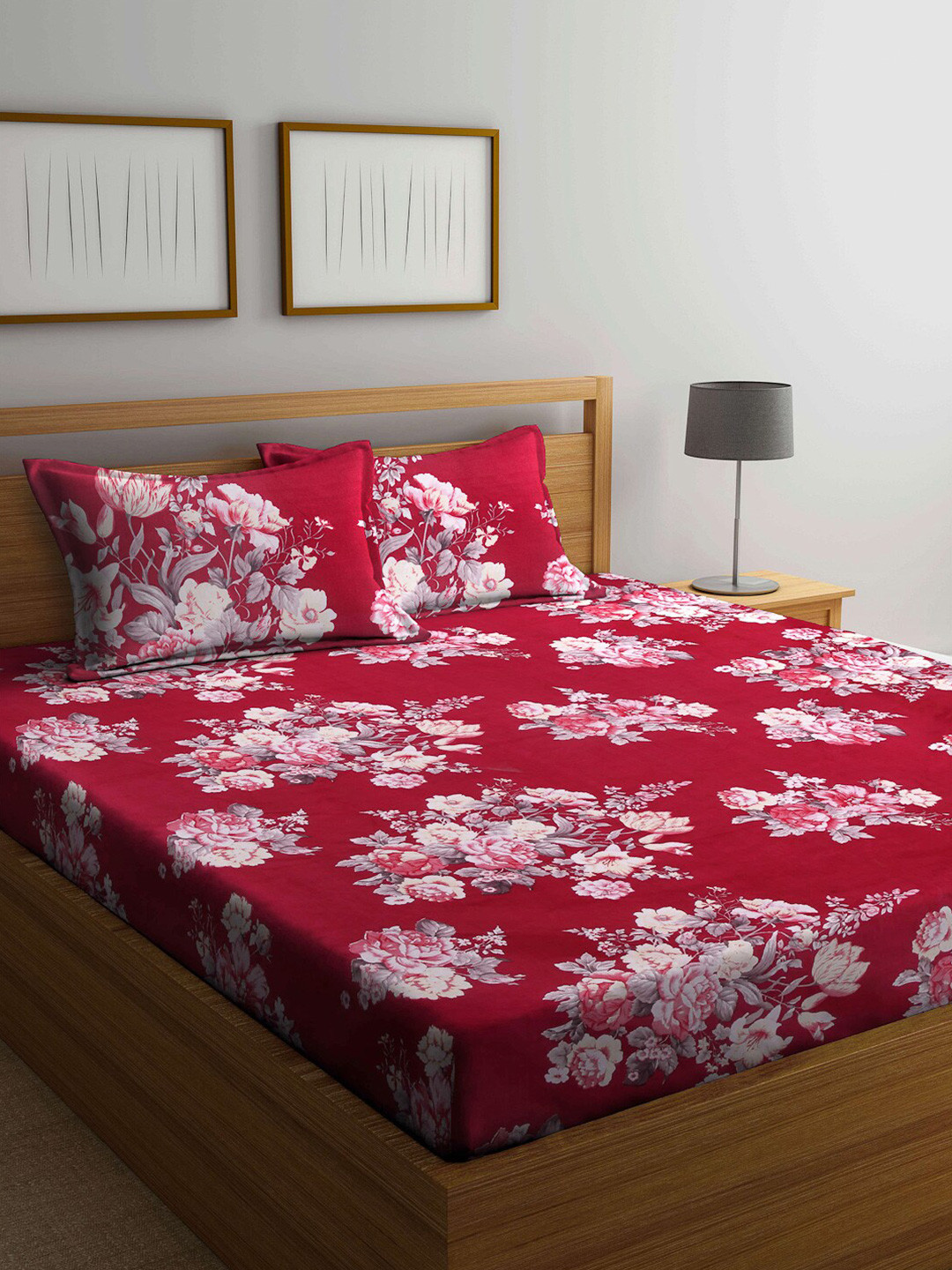Arrabi Red Floral Cotton 300 TC Super King Fine Bedsheet with 2 Pillow Covers-270 x 260 cm
