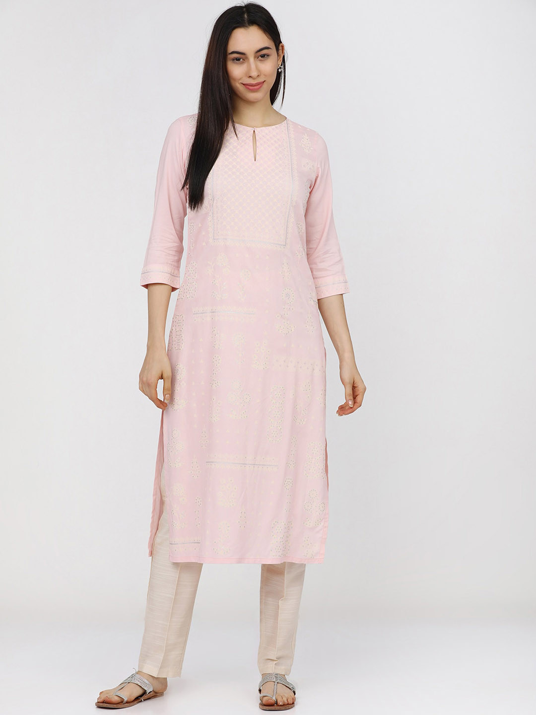 Vishudh Women Pink Keyhole Neck Thread Work Kurta