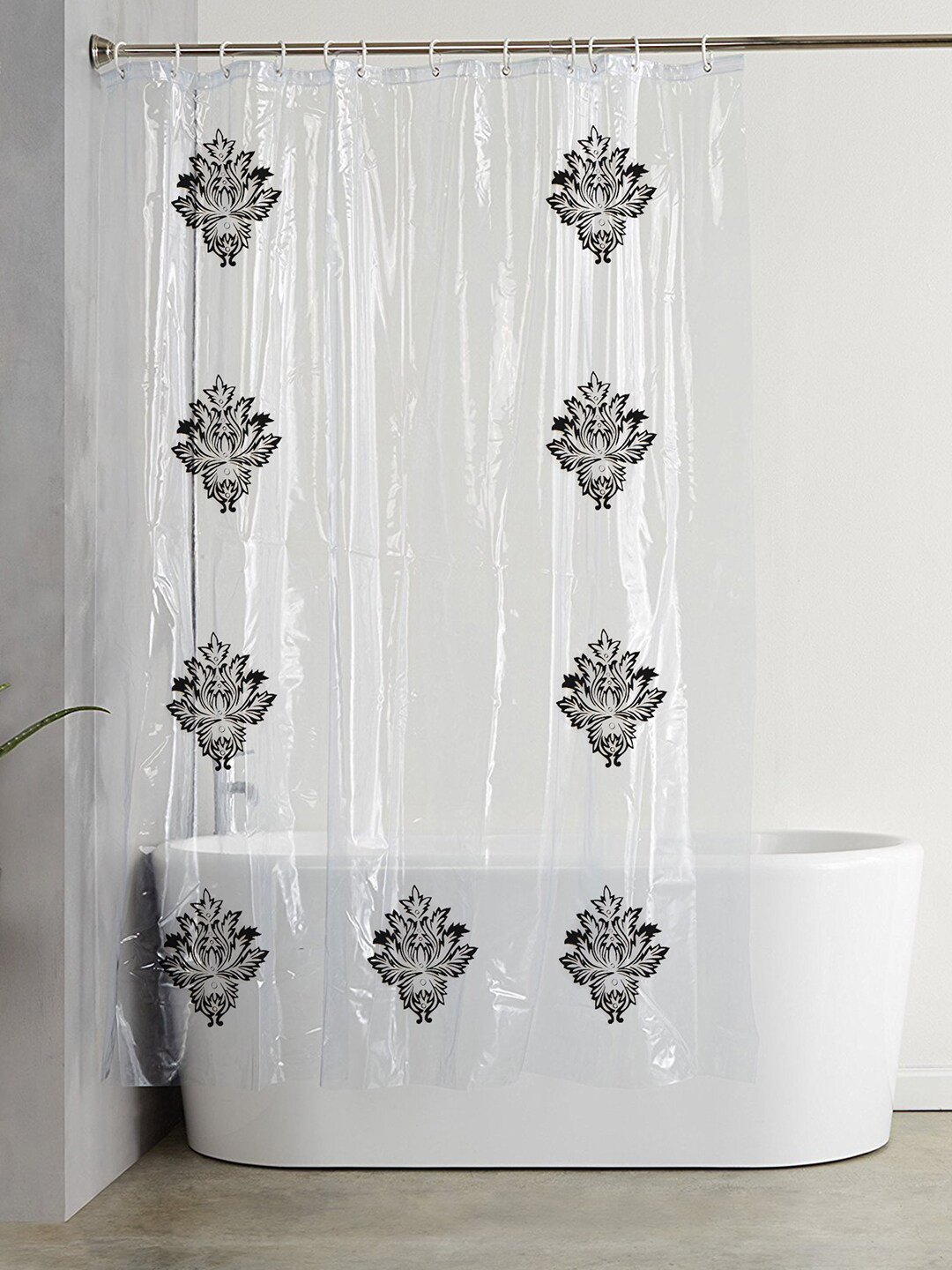 Kuber Industries Transparent & Black Printed Shower Curtain With Hooks