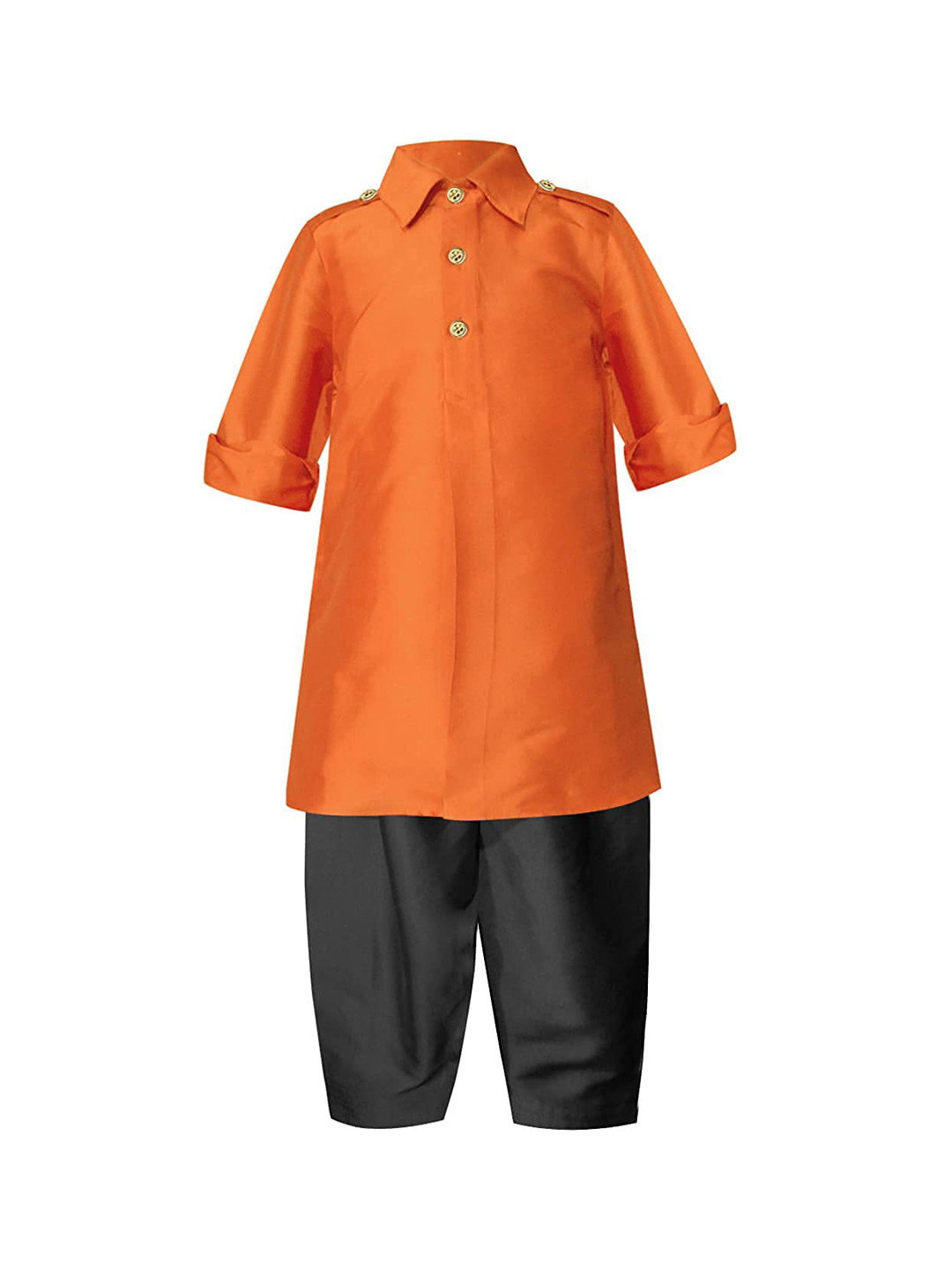 A T U N Boys Orange & Black Regular Pathani Kurta with Pyjamas