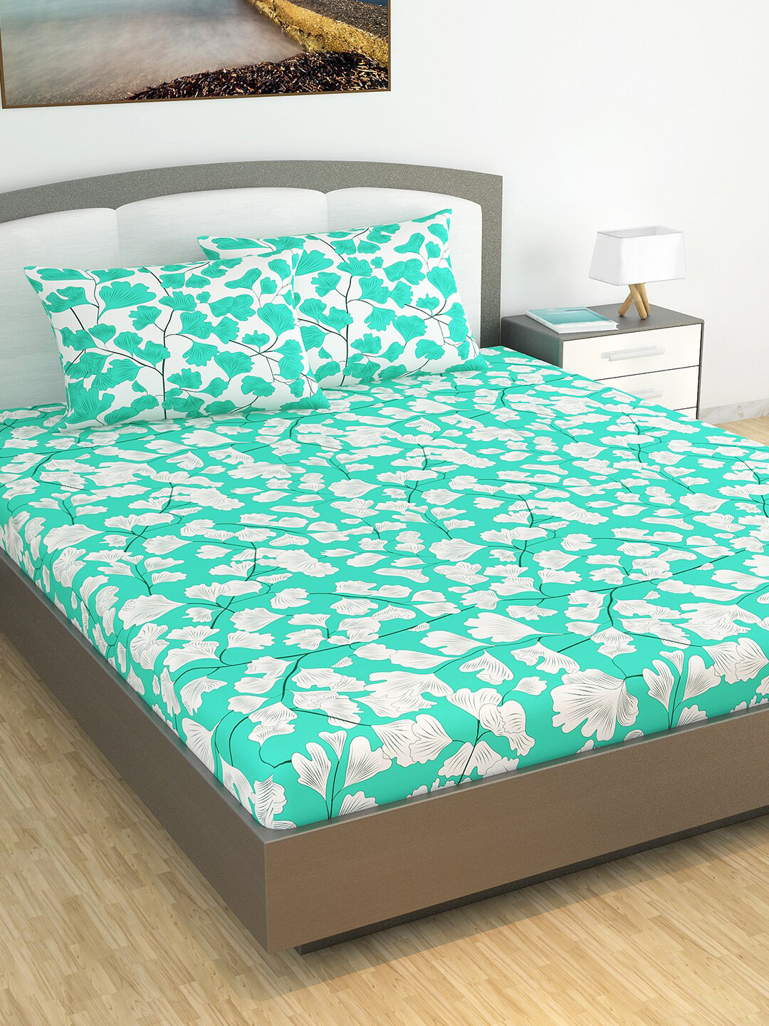 Divine Casa Fusion Green Floral Cotton 120 TC King Bedsheet with 2 Pillow Covers-270 x 222 cm