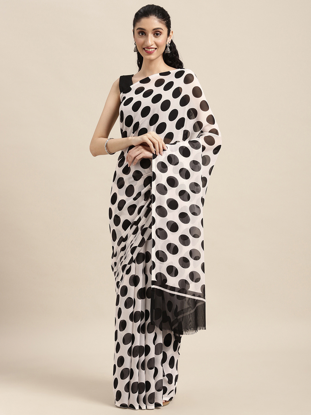 Moda Rapido White & Black Polka Dots Printed Saree