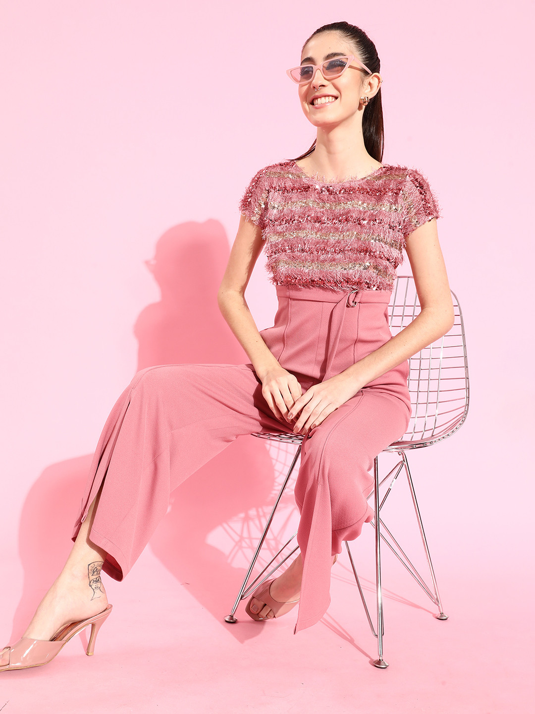 Miss Chase Pink Embellished Fringed Basic Party Jumpsuit