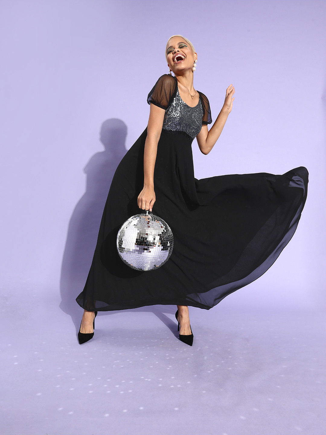 Miss Chase Black & Silver-Toned Sequin Empire Style Gown