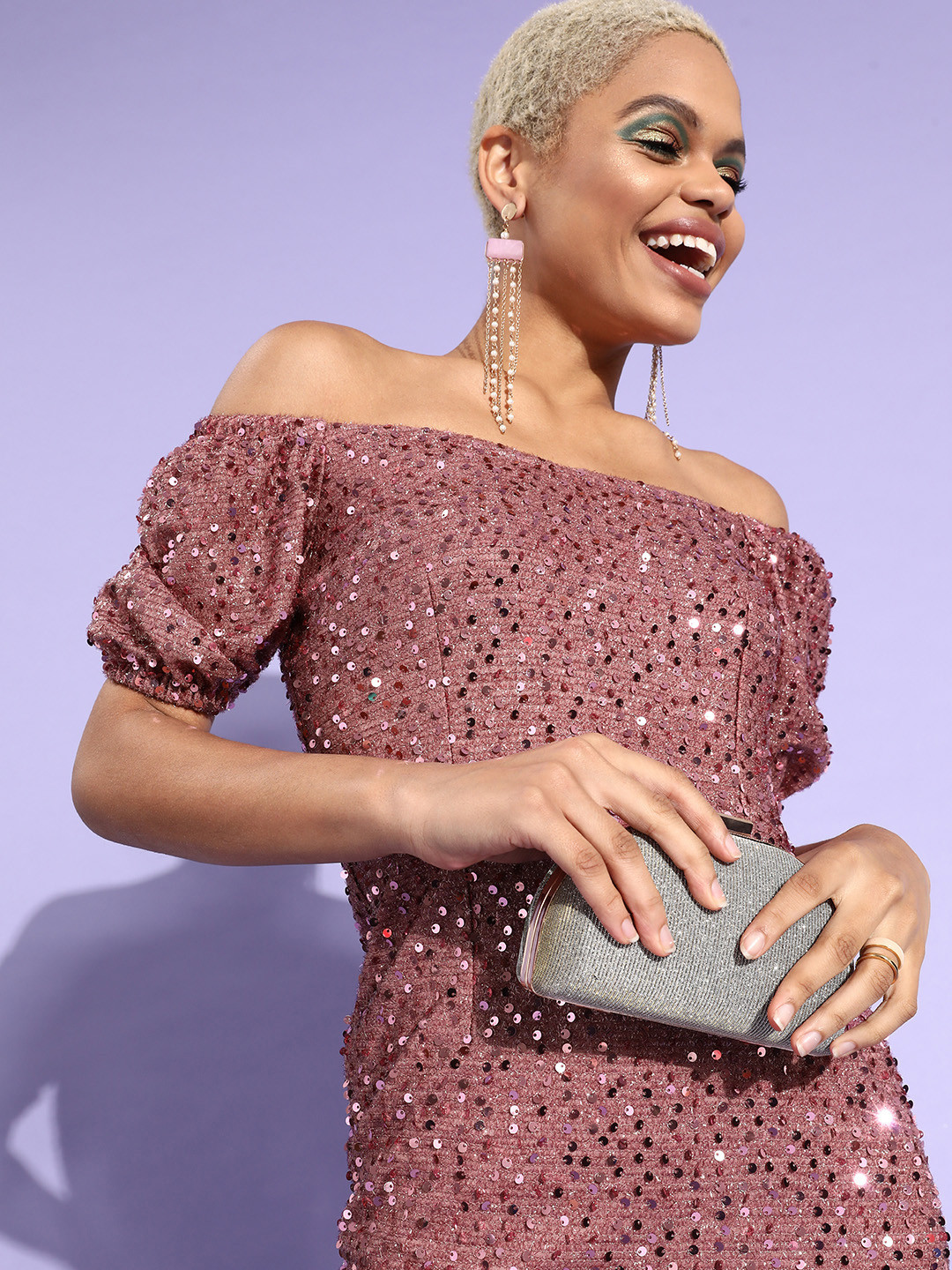 Miss Chase Mauve Sequin Bardot Style Bodycon Dress
