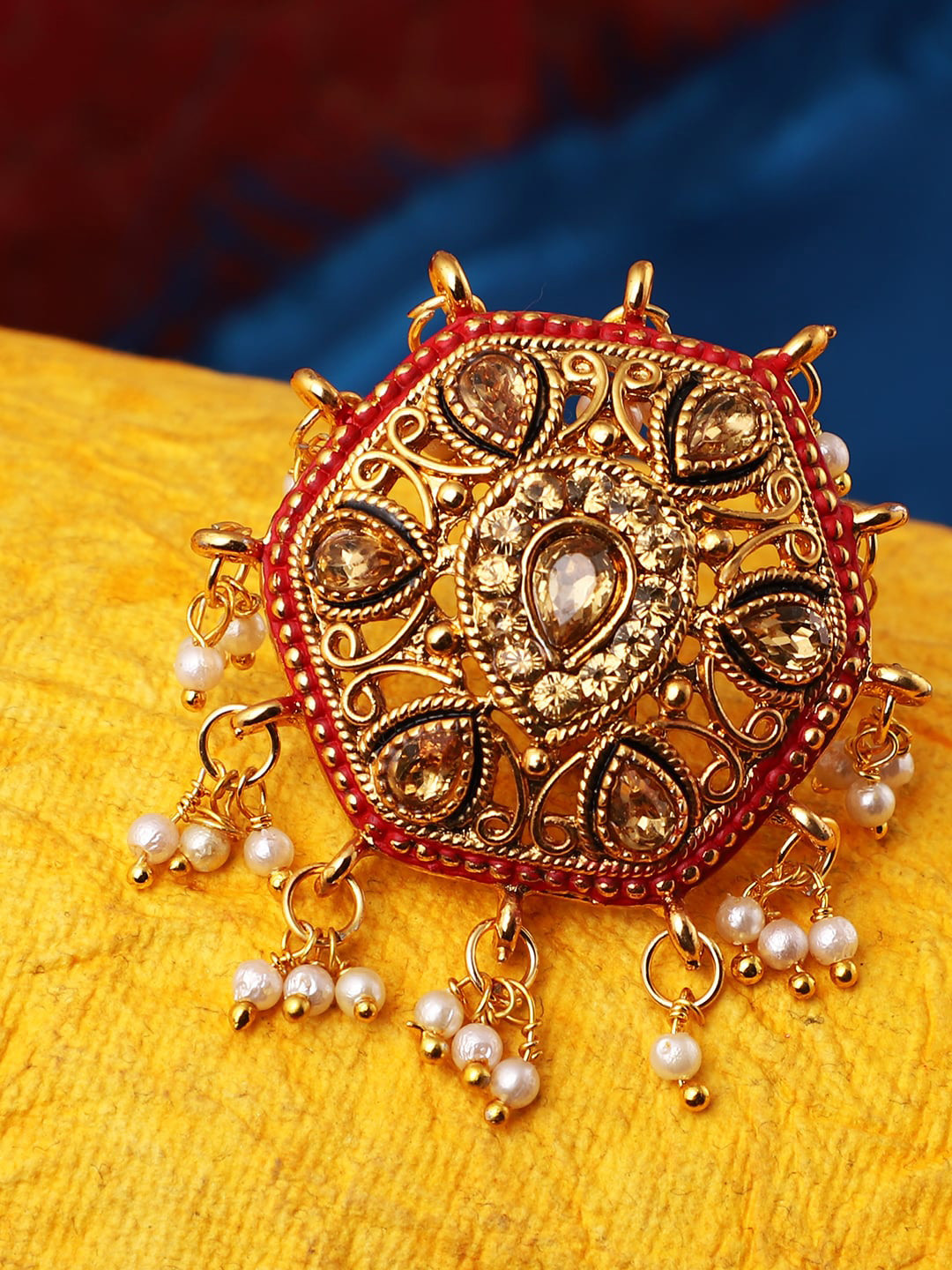 ANIKAS CREATION Woman Gold Tone Embellished With Pearls Adjustable Finger Ring