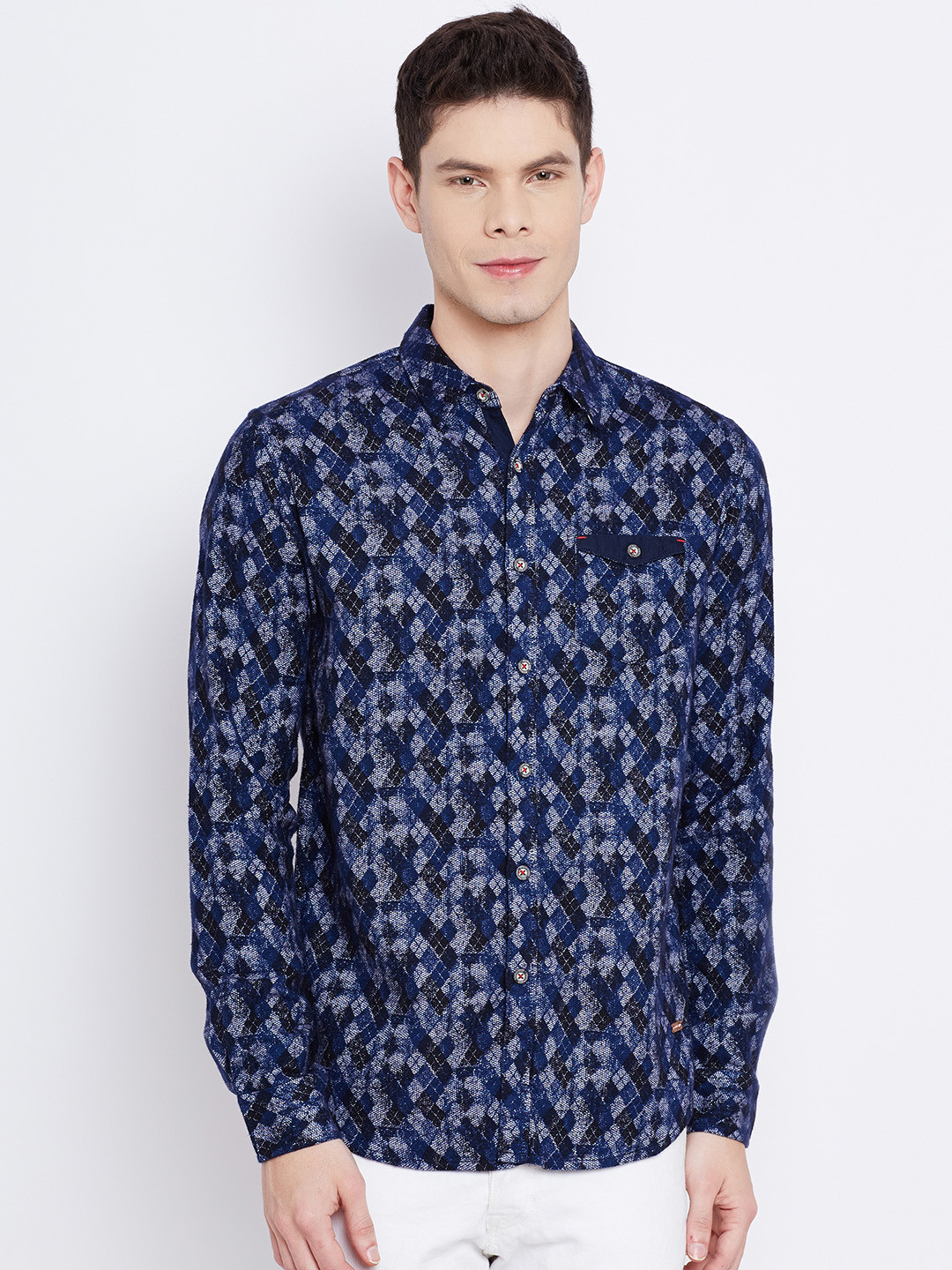 Status Quo Men Blue & Off-White Slim Argyle Patterned Casual Shirt