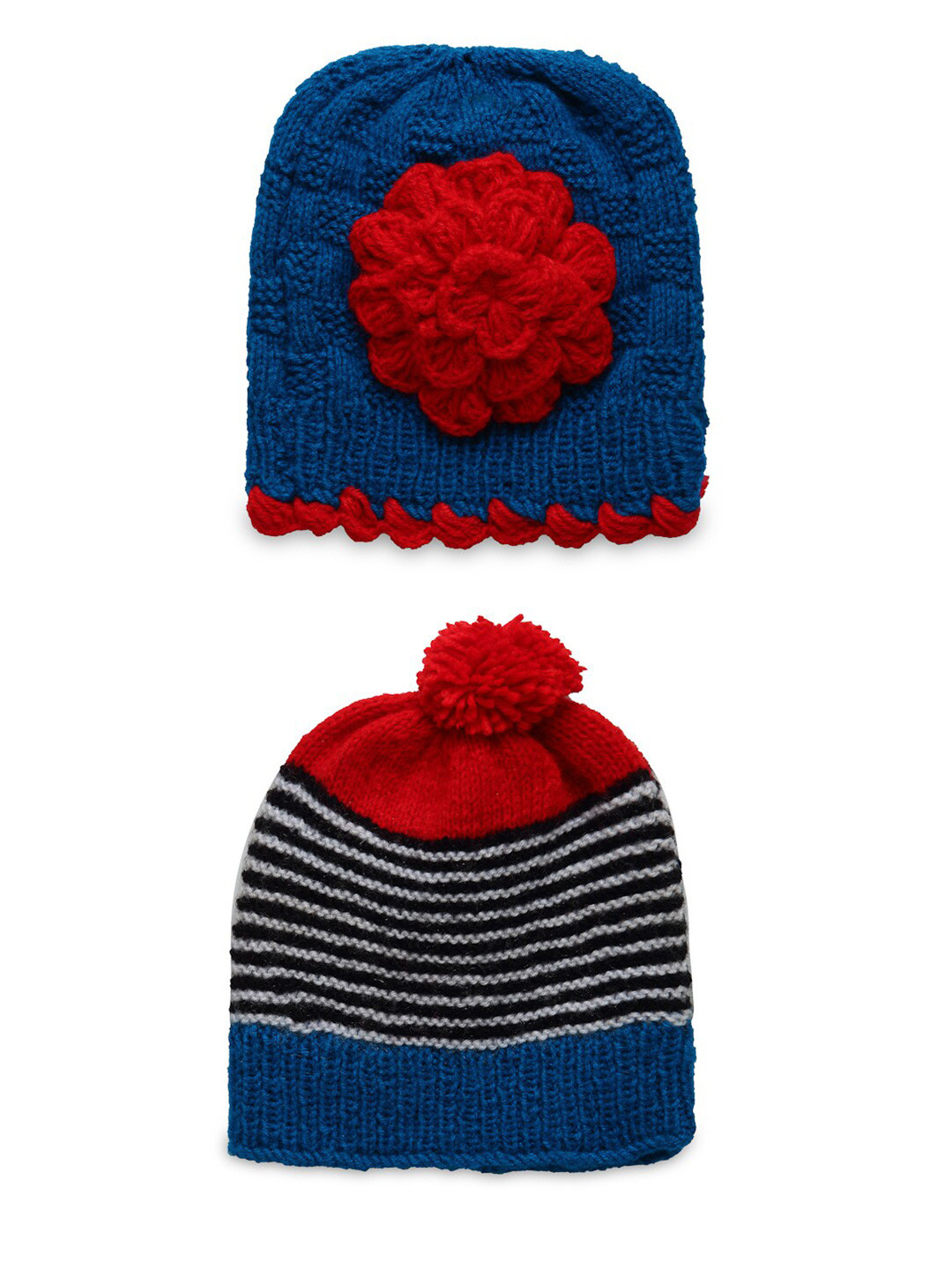 CHUTPUT Kids Pack of 2 Blue & Red knitted Crochet Pure Wool Beanie