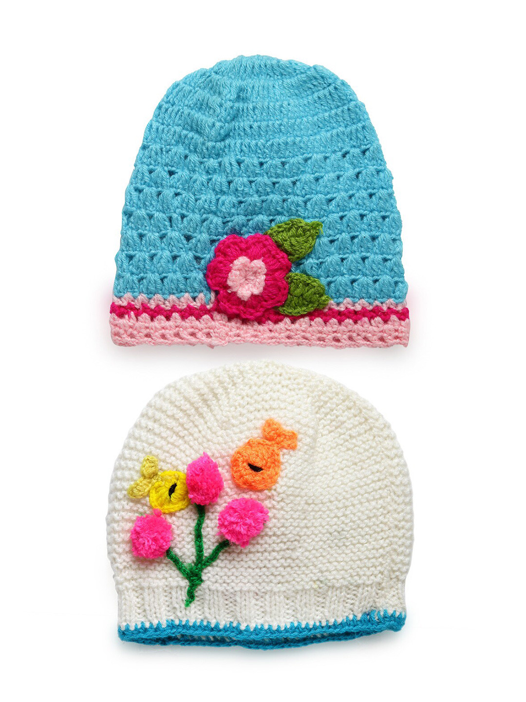 CHUTPUT Unisex Kids Blue & White Embroidered 2 Beanie