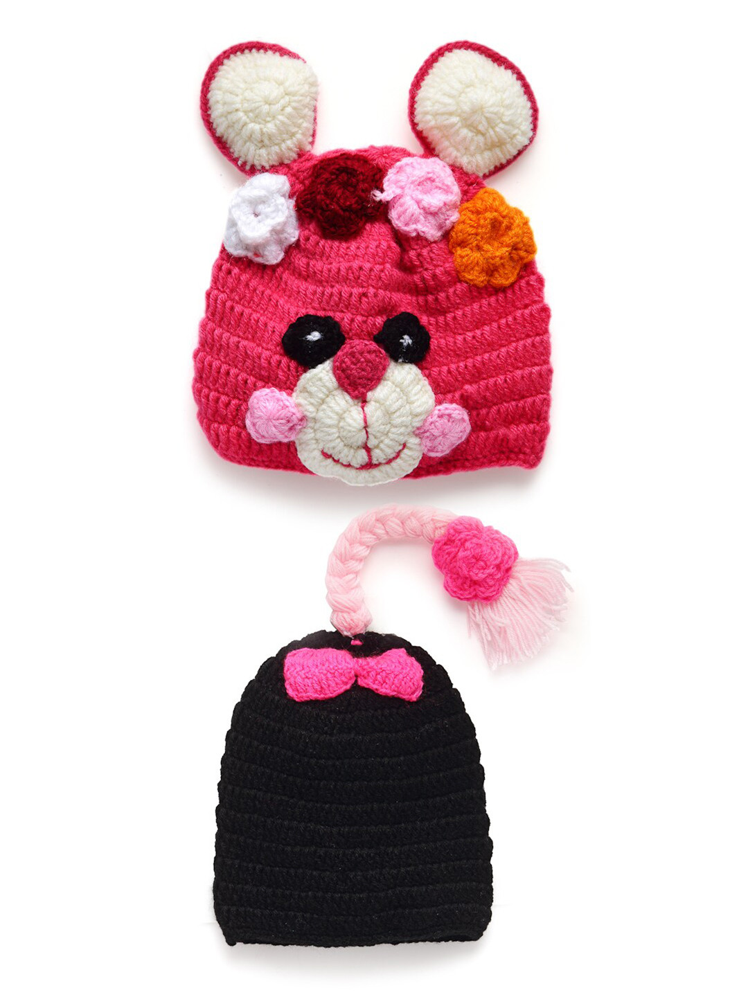 CHUTPUT Kids Set of 2 Pink & Black Embroidered Beanie