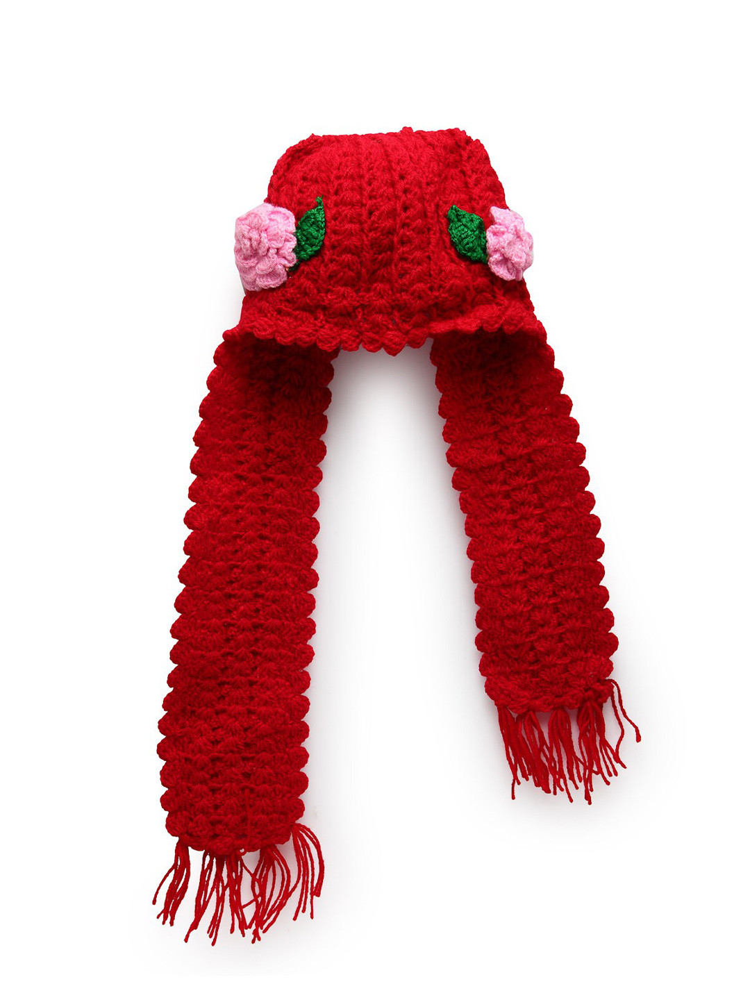 CHUTPUT Unisex Kids Red & Green Self Design Pure Wool Hand Knitted Crochet Beanie