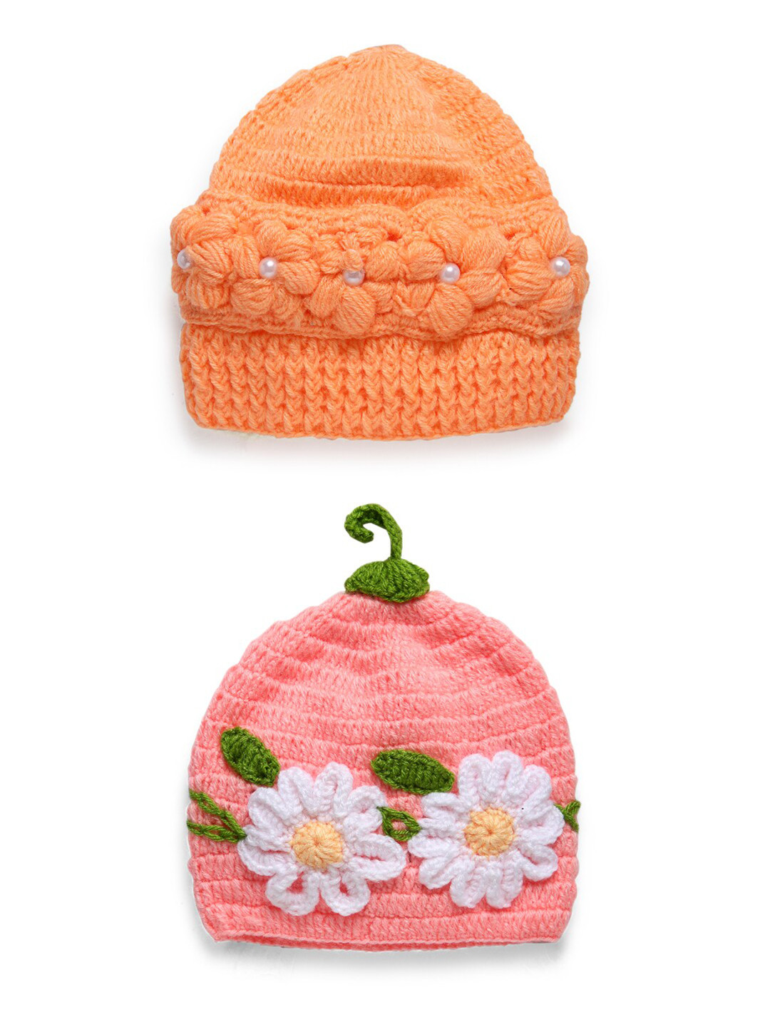 CHUTPUT Kids Pack of 2 Orange & Peach-Coloured Hand knitted Crochet Beanie