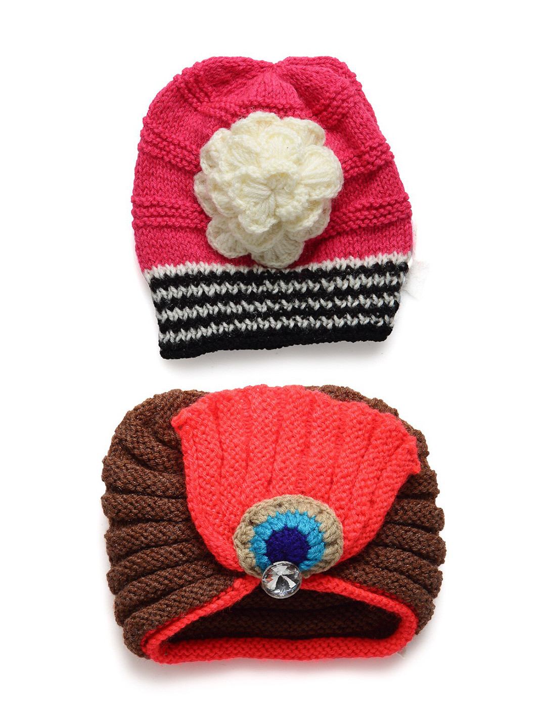 CHUTPUT Pack of 2 Kids Brown & Pink knitted Crochet Pure Wool Beanie
