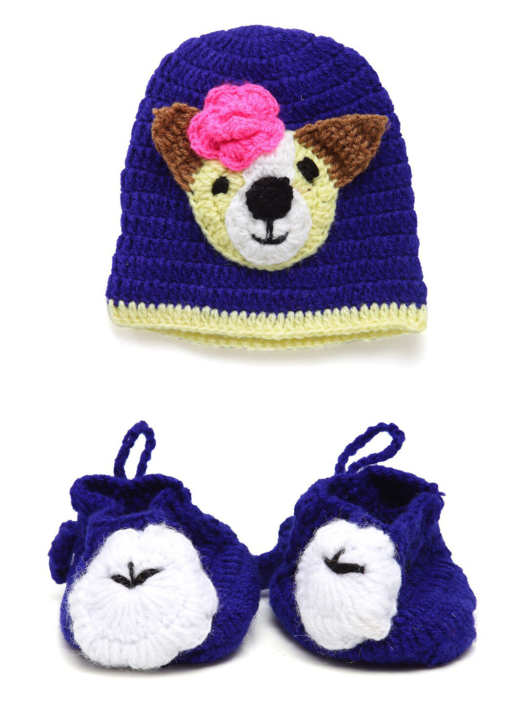 CHUTPUT Unisex Kids Blue & Yellow Embroidered Beanie & Mittens